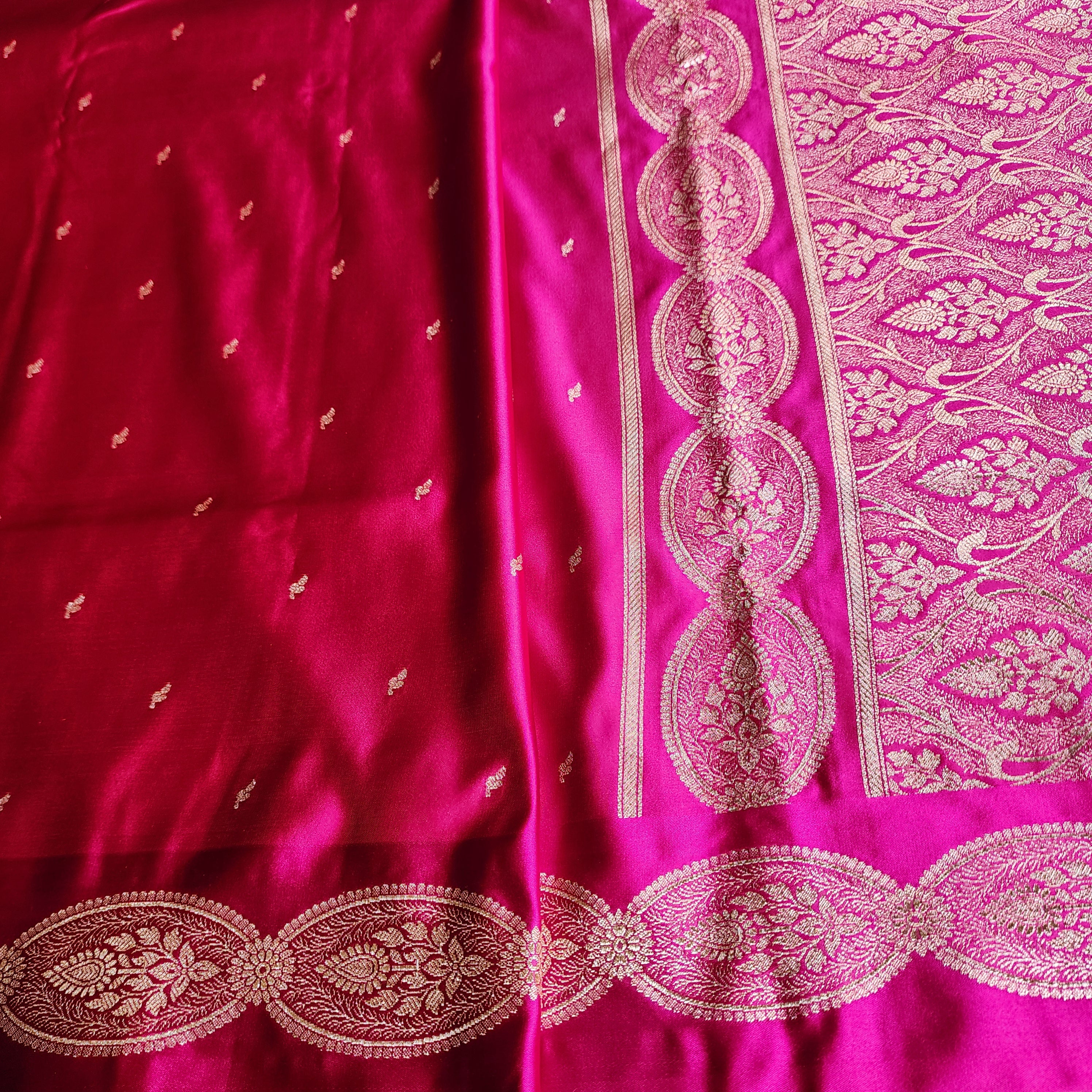 Bright Pink Pure Banarasi Katan Silk Saree with Gold Zari Weaving
