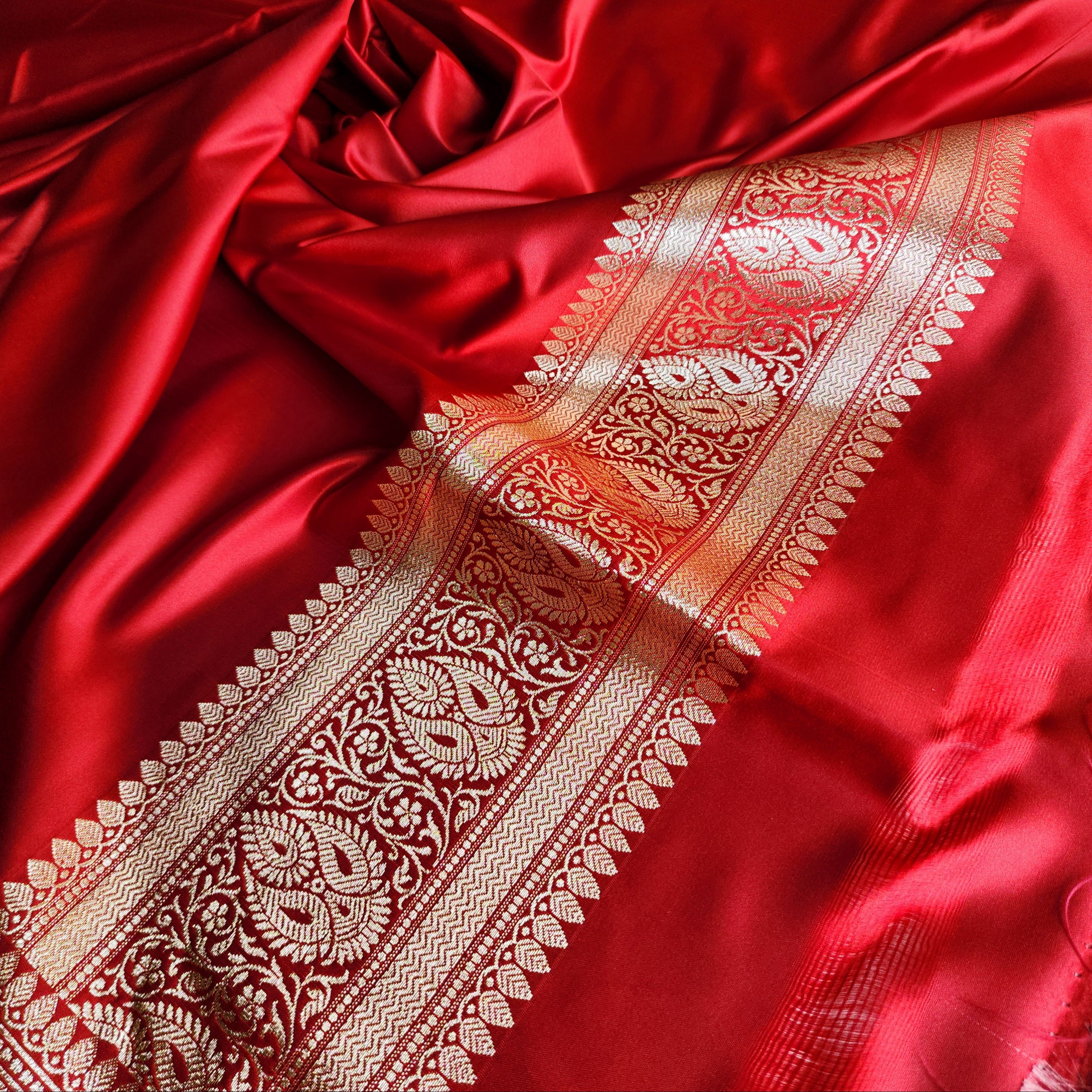 Rich Ruby Red Pure Banarasi Katan Silk Saree with light Gold Zari Weaving