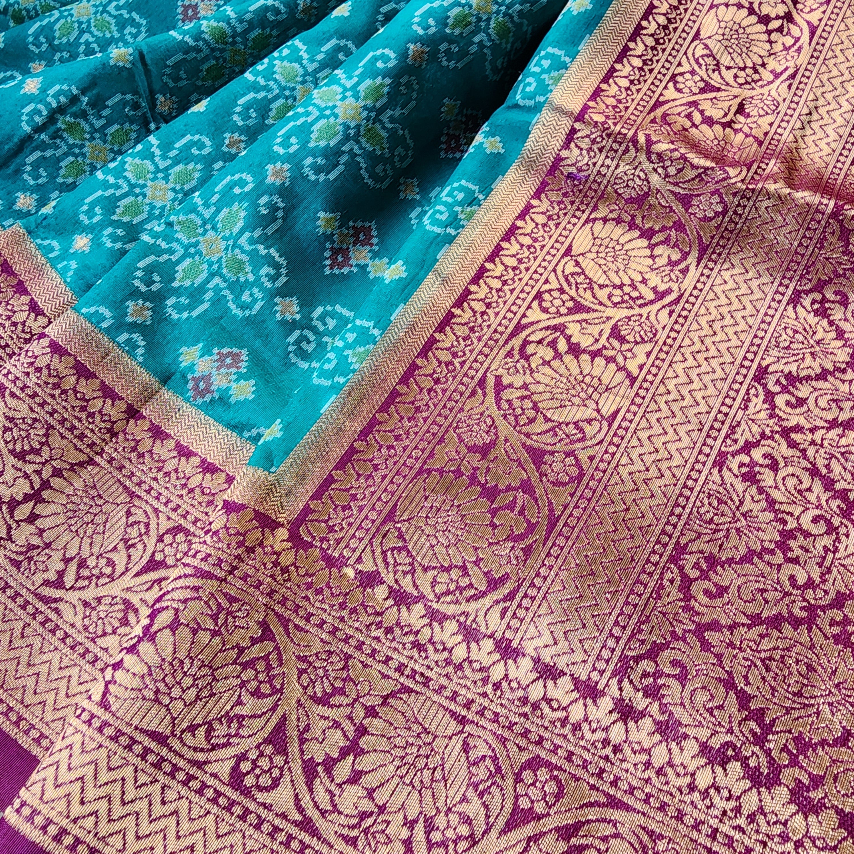 Turquoise Dupion Patola with Maroon-Gold Border & Heavy Gold Zari