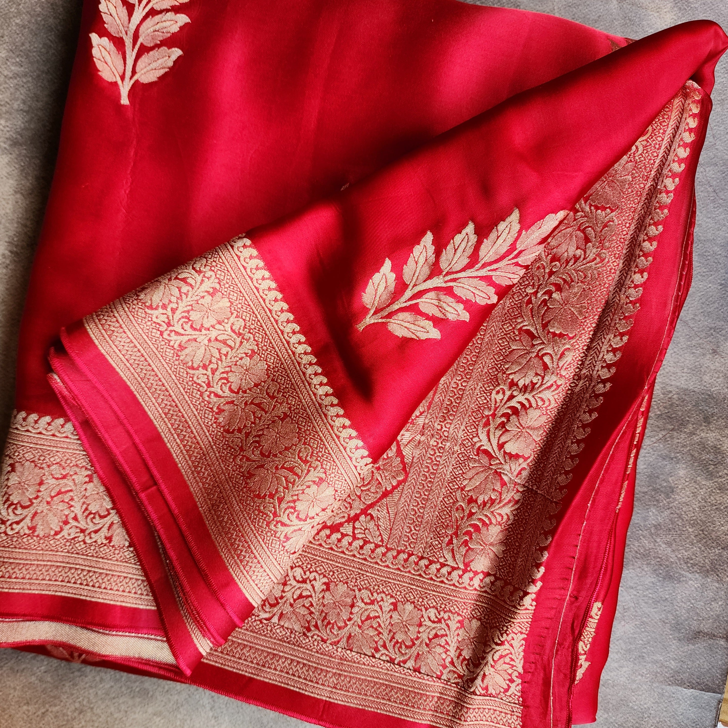 Bright Red Mashru Katan Silk Saree with Gold Weave