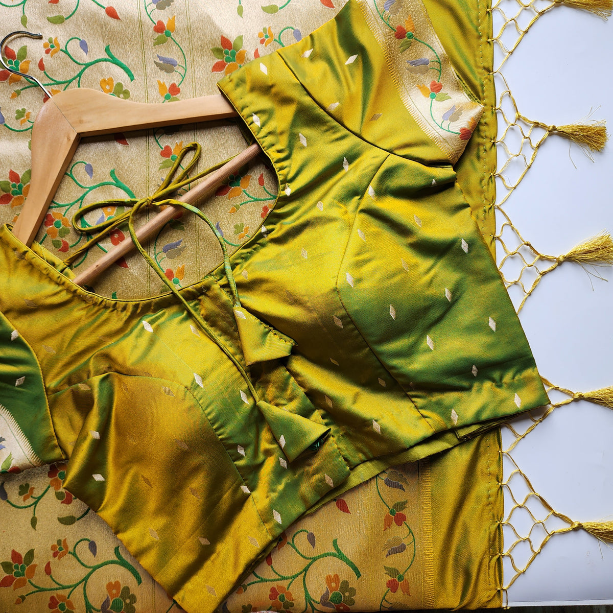 Raahi - Popati Green Paithani Silk Saree with Stitched Blouse