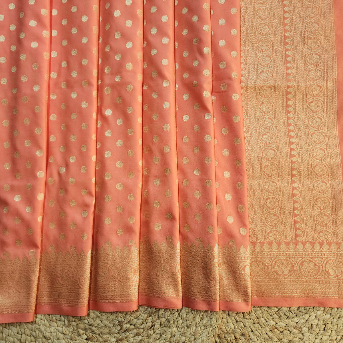 Coral Peach Banarasi Silk Dupatta with Gold Polka Dot