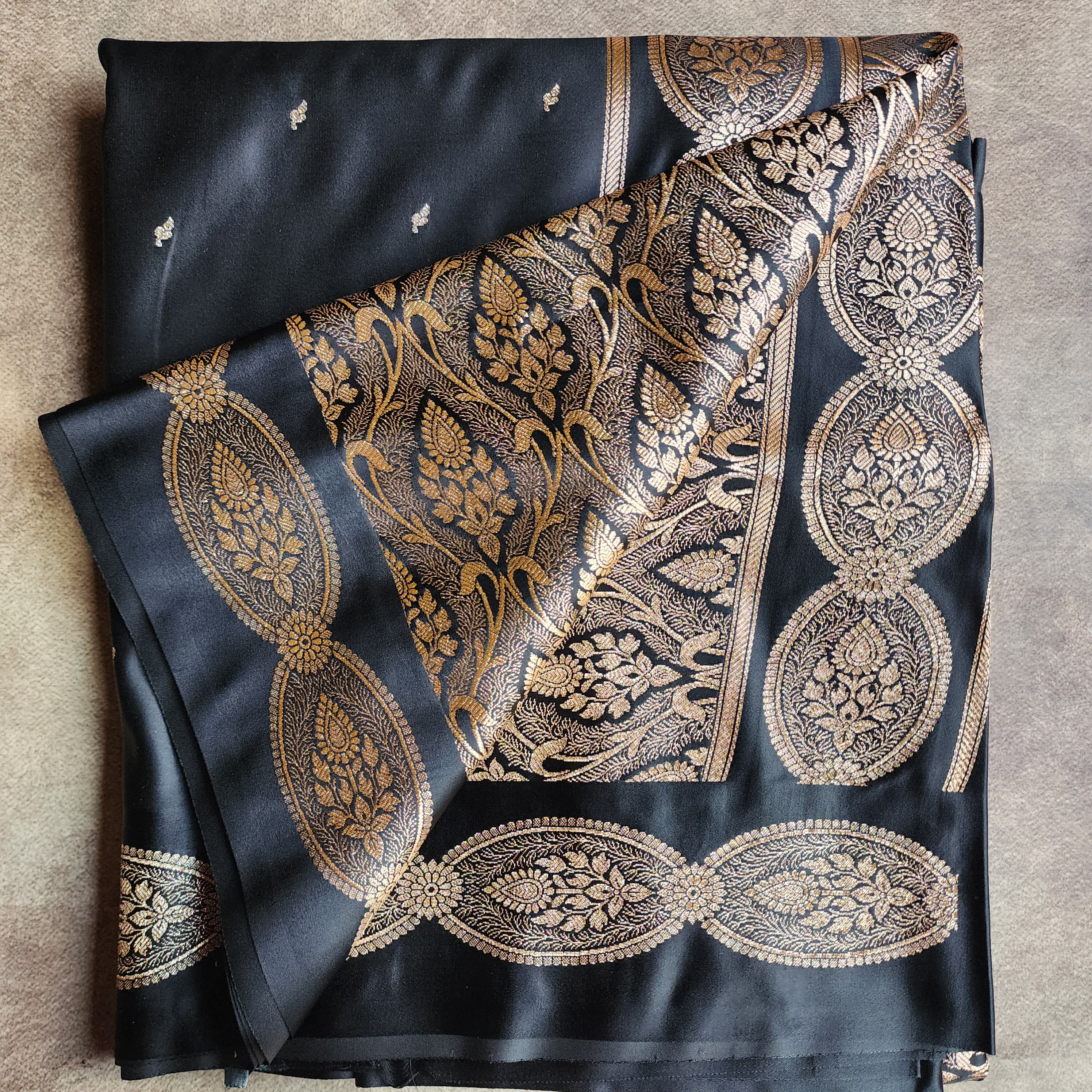 Black Pure Banarasi Katan Silk Saree with Gold Zari Weaving