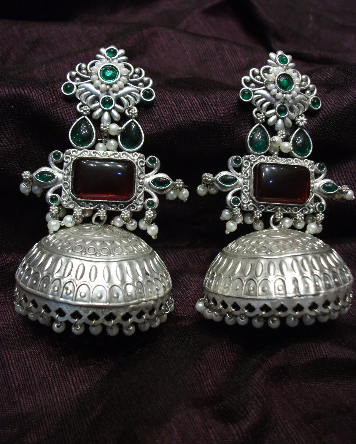 Antique Rectangular Maroon Red Cabochon Jhumka Earrings