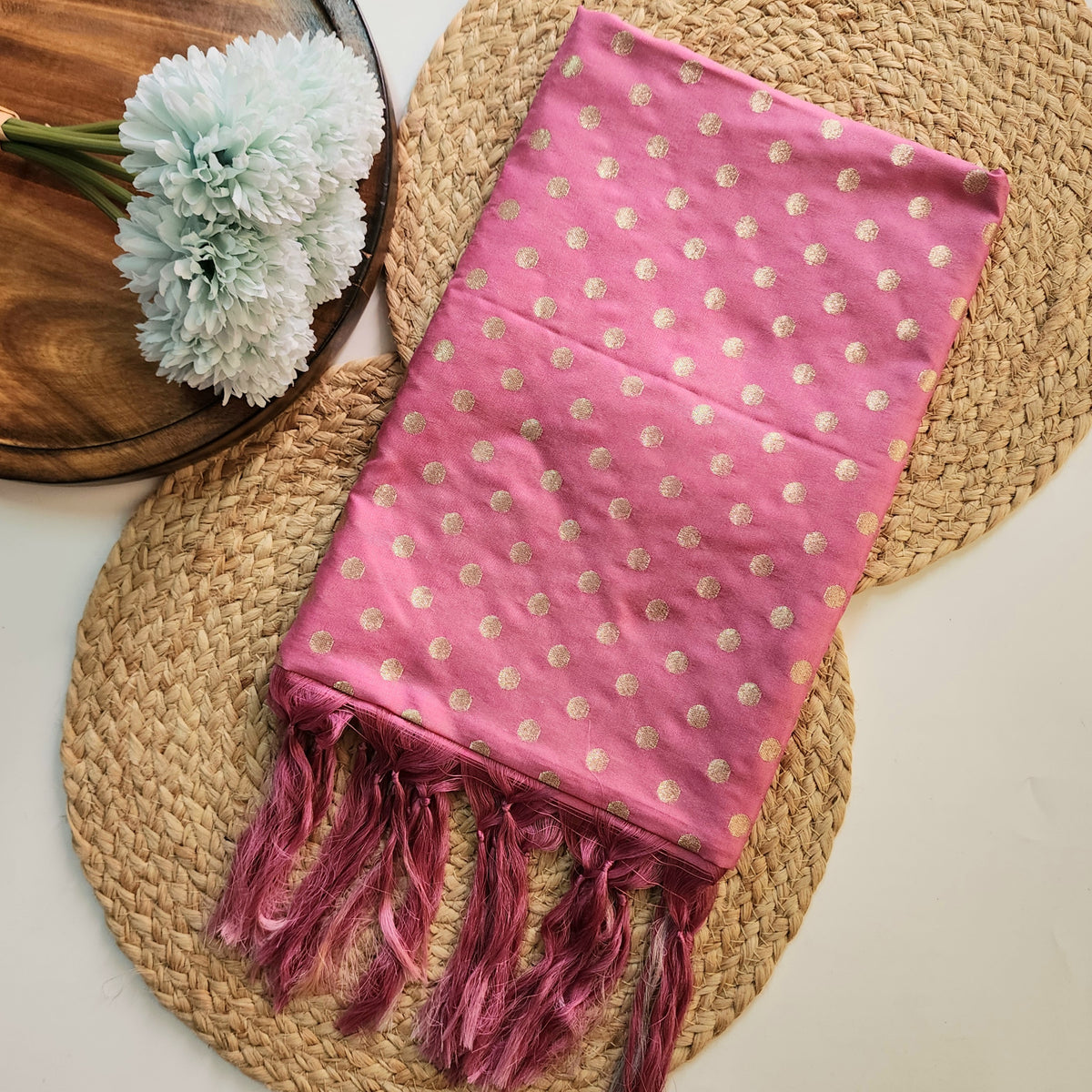 Dusty Rose Banarasi Silk Dupatta with Gold Polka Dot