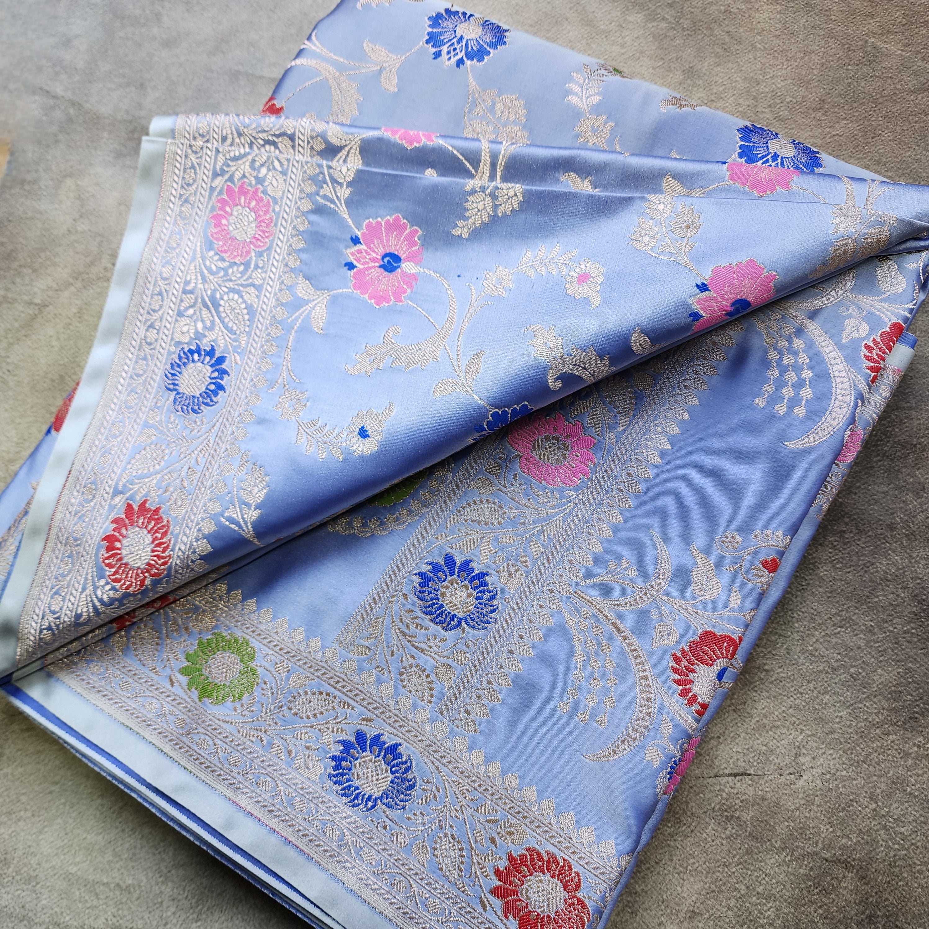 Enriched Banarasi Katan Silk Saree | Sky Blue Multicolor Meenakari Floral Jaal