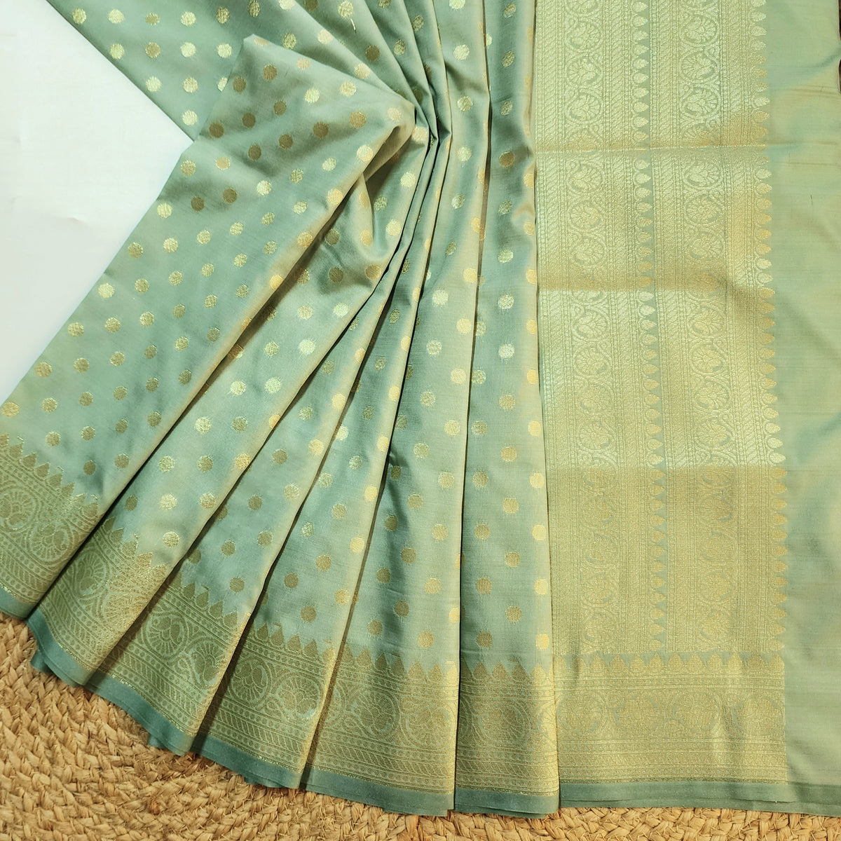 Aqua Blue Banarasi Silk Dupatta with Gold Polka Dot