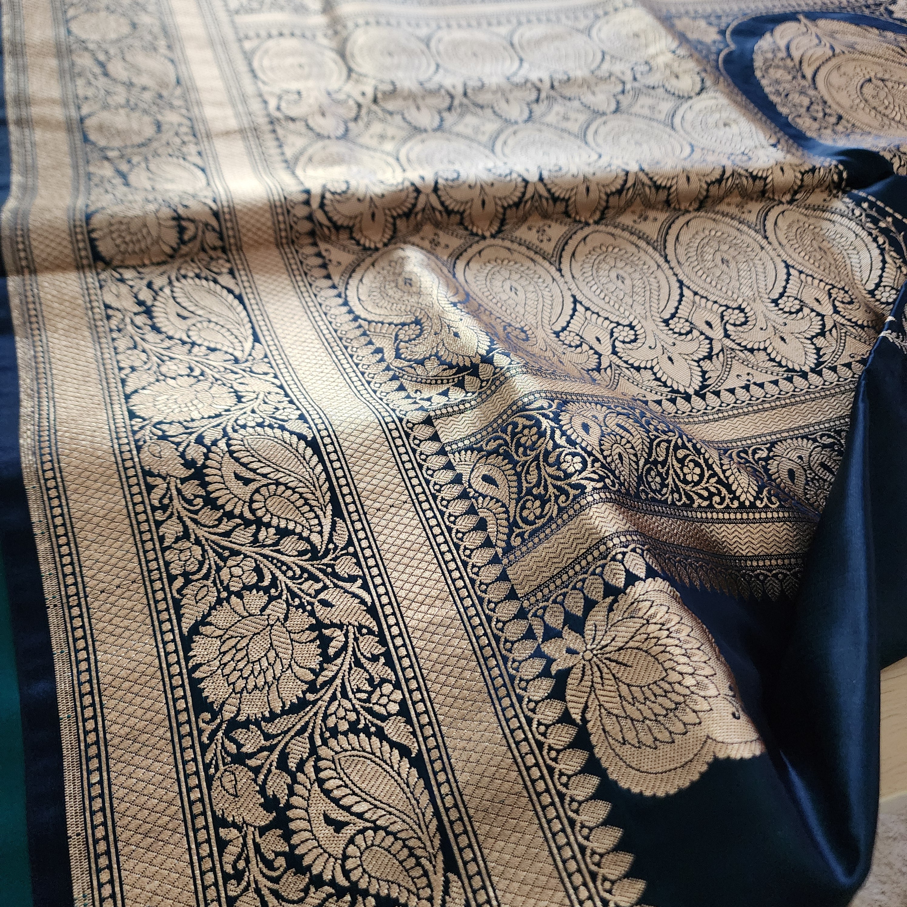 Rich Navy Blue Pure Banarasi Katan Silk Saree with light Gold Zari Weaving