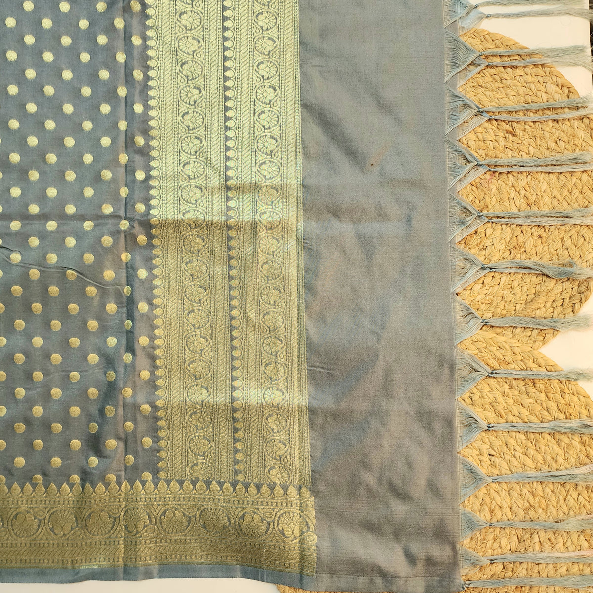 Slate Blue Banarasi Silk Dupatta with Gold Polka Dot