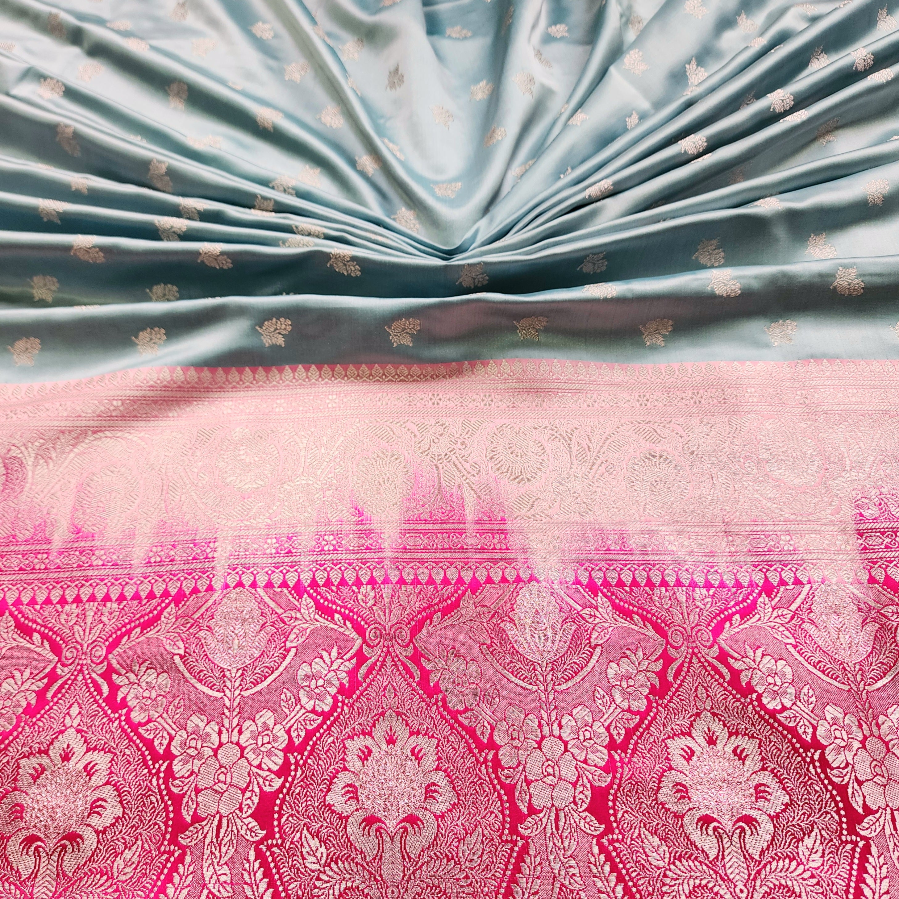 Pastel Aqua Blue Pure Banarasi Katan Silk Saree with light Gold Zari Weaving