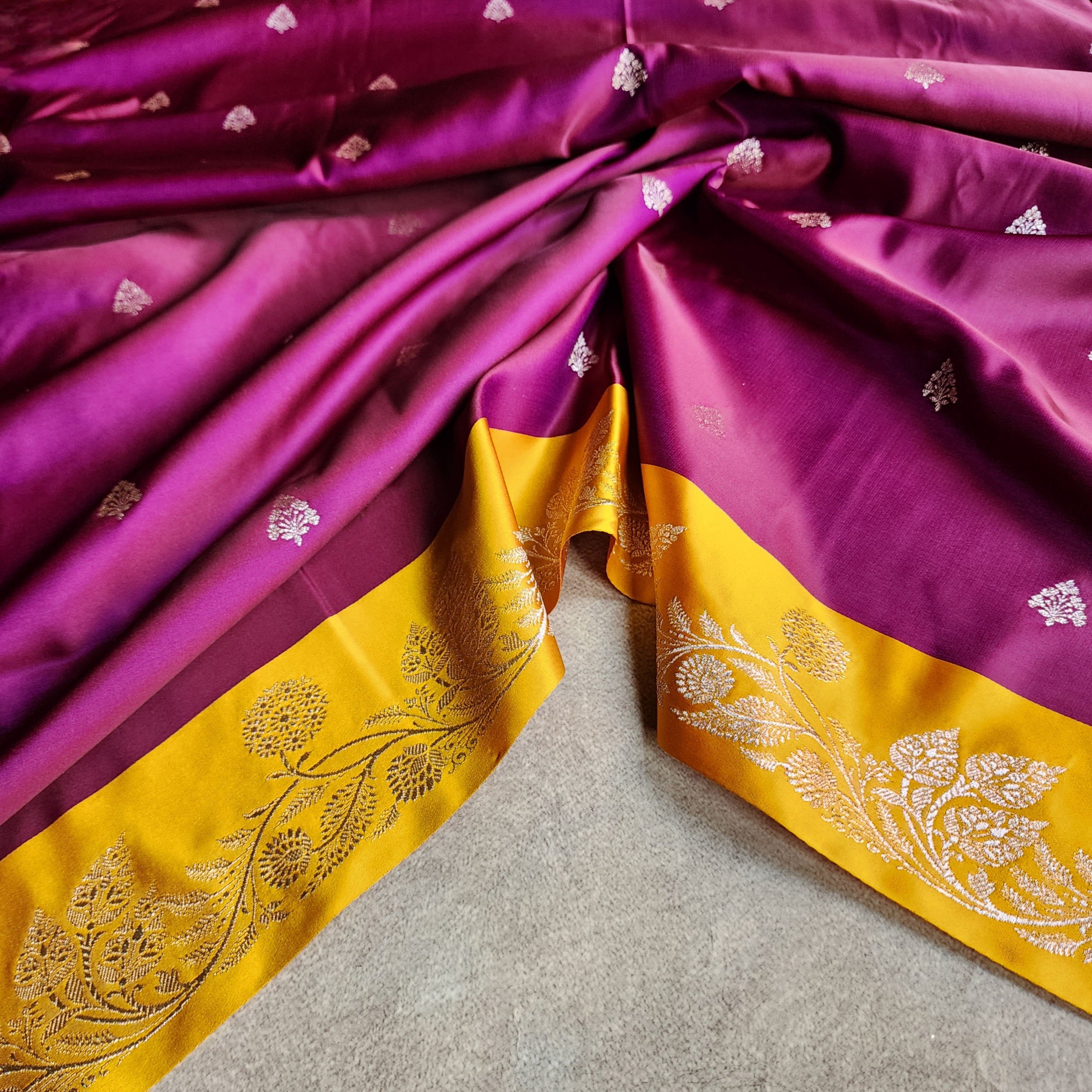 Wine Maroon Pure Banarasi Katan Silk Saree with Mustard Yellow Border