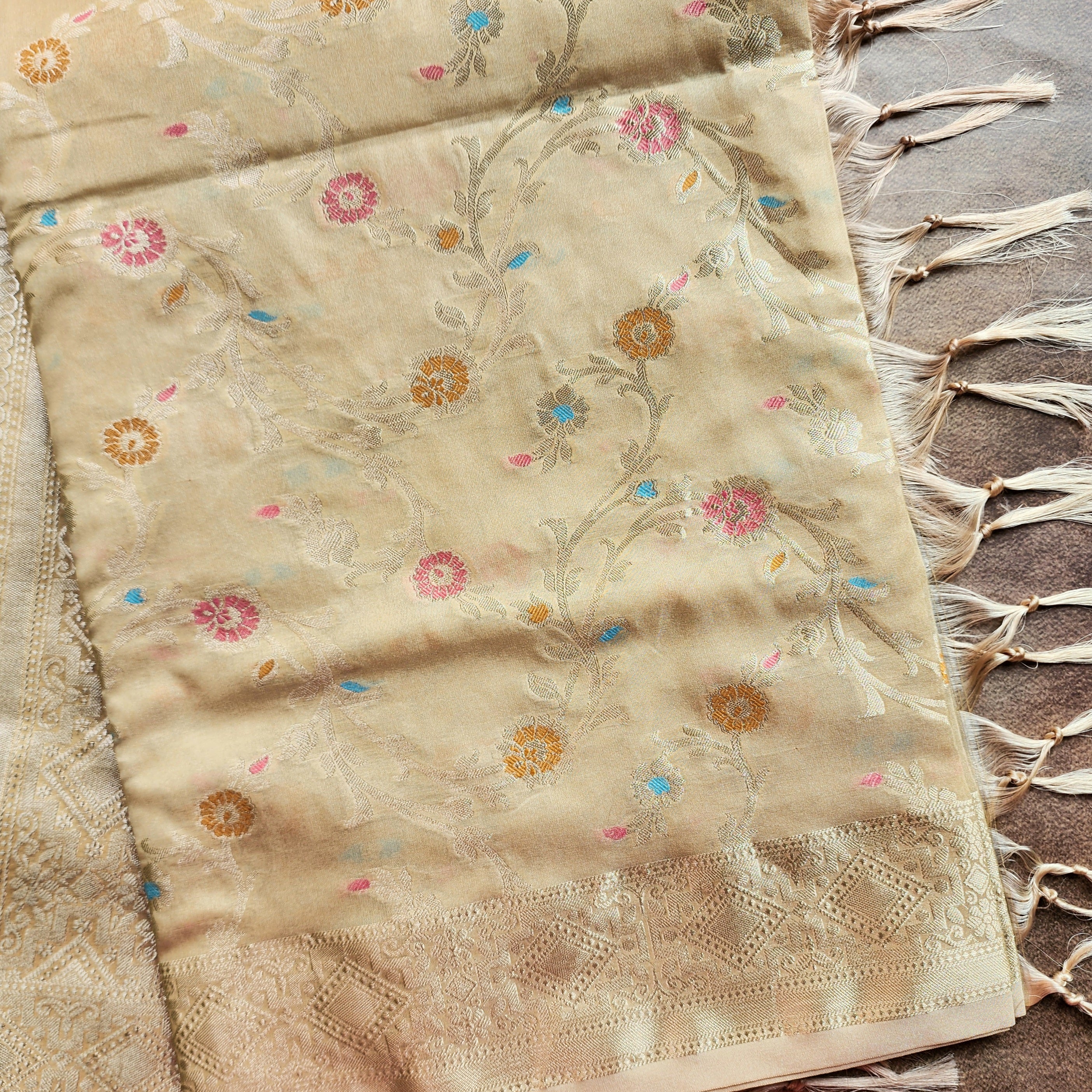 Golden Grid Banarasi Silk Dupatta with Meenakari Work in Beige