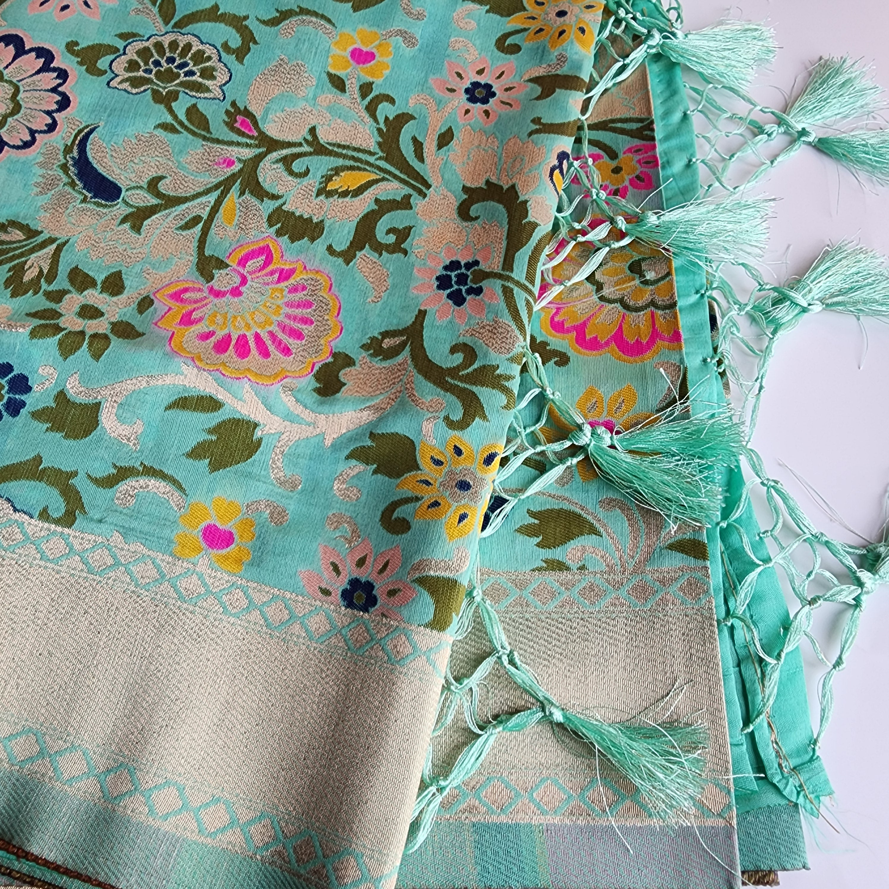 Banarasi Silk Aqua Blue Dupatta with Multicolor & Gold Floral Handweaving