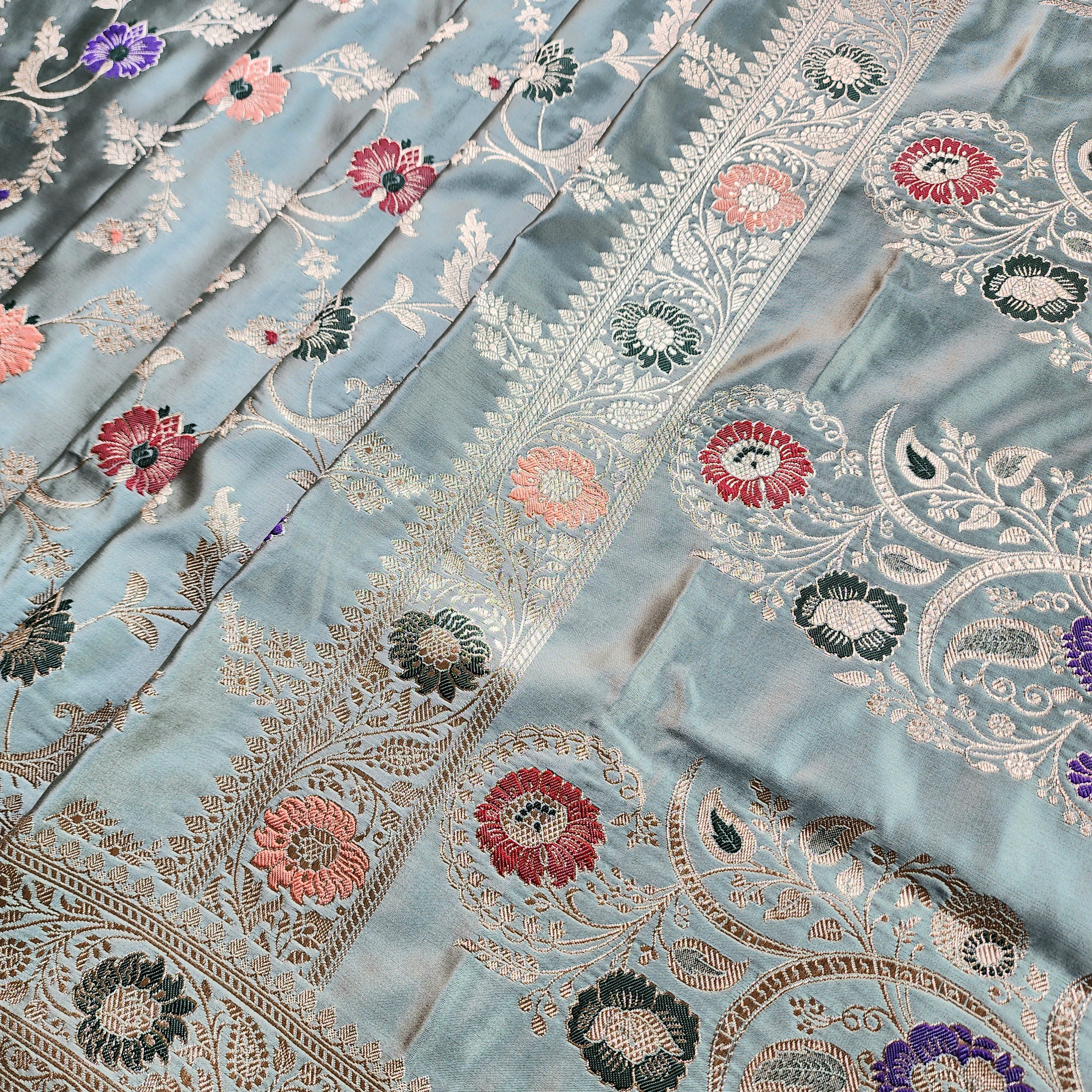 Enriched Banarasi Katan Silk Saree | Sea Green Multicolor Meenakari Floral Jaal