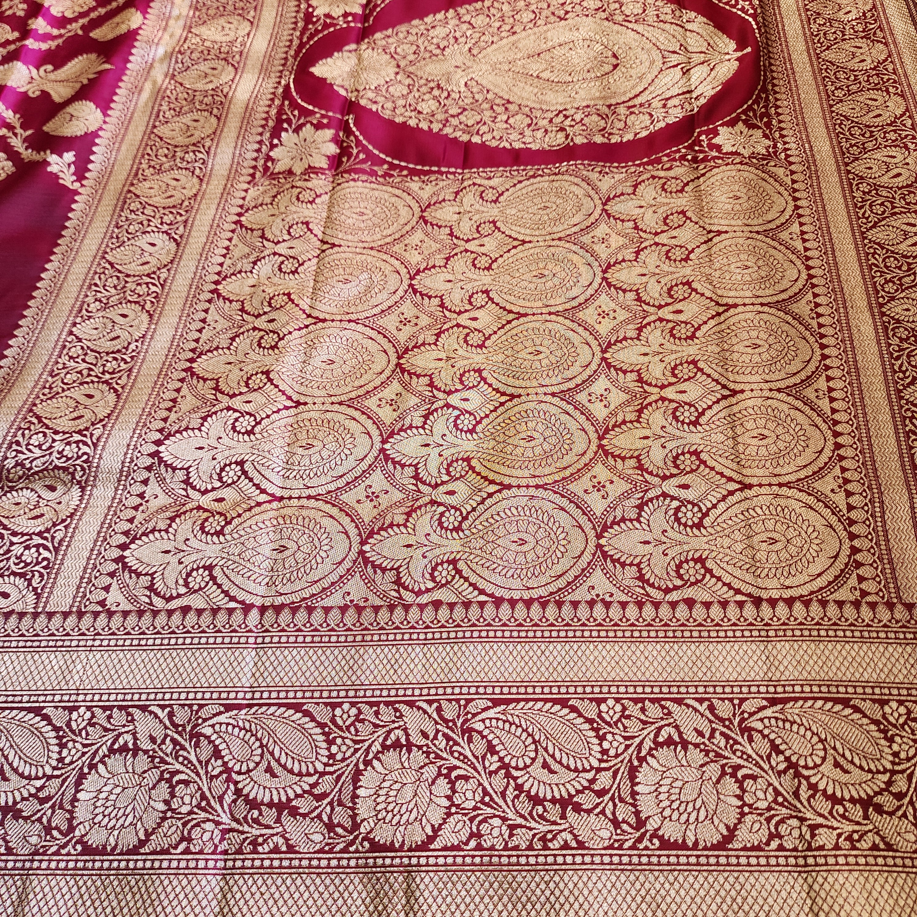 Hot Pink Pure Banarasi Katan Silk Saree with light Gold Zari Weaving