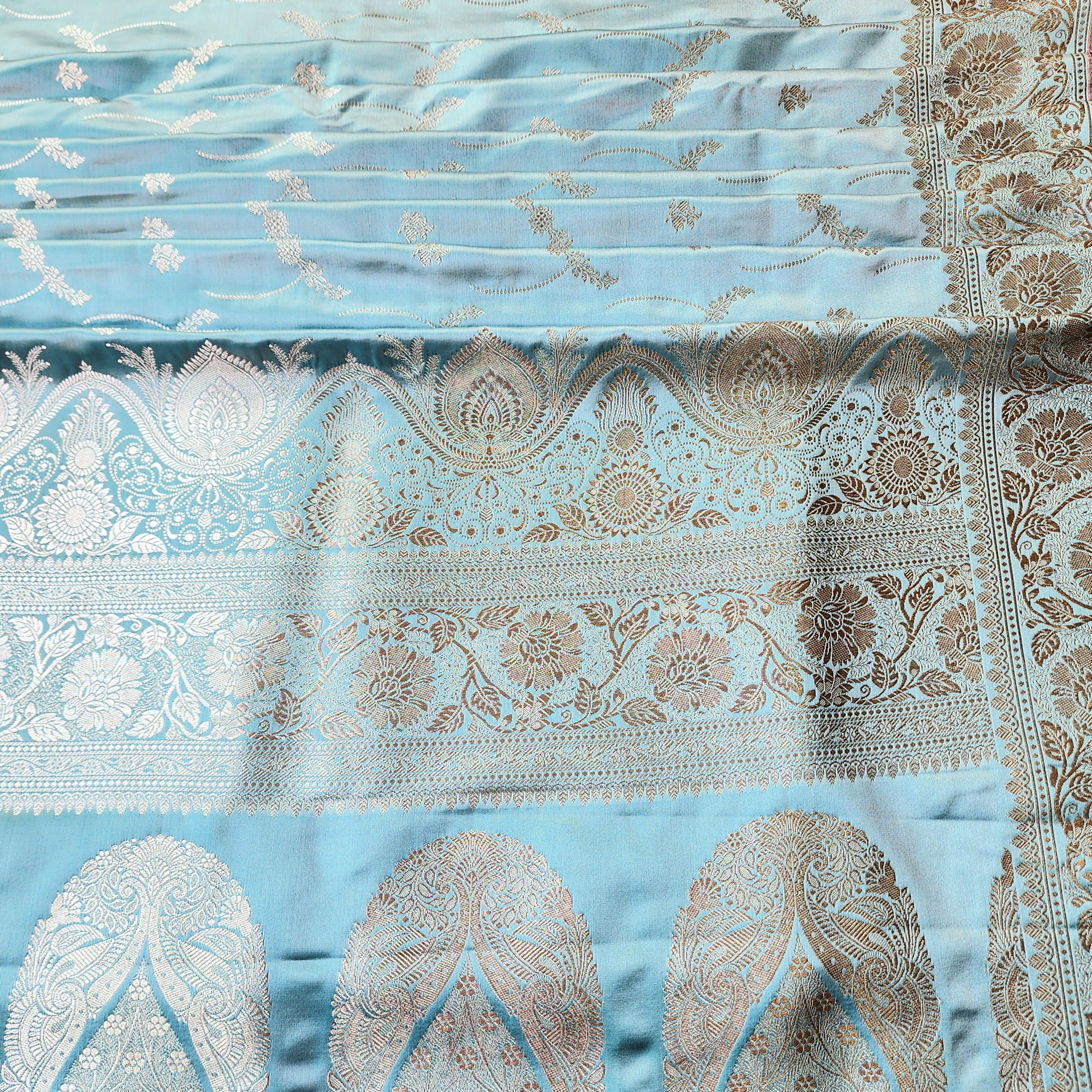 Pastel Sky Blue Banarasi Katan Silk Saree with Light Gold Zari weaving