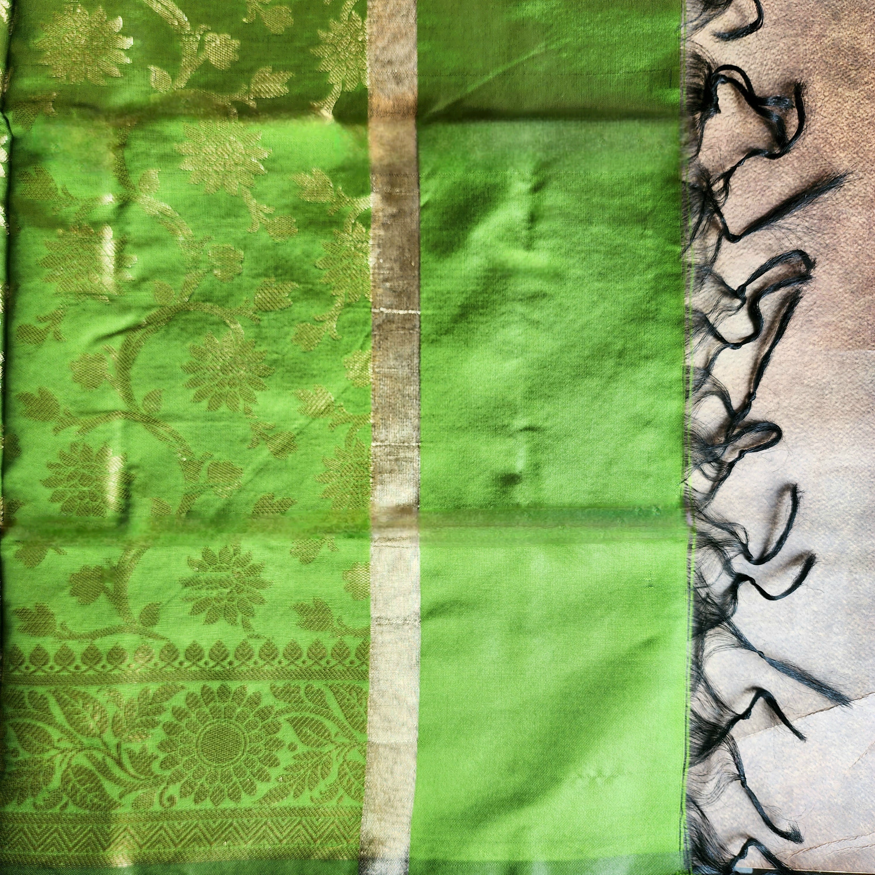 Parrot Green Banarasi Tapetta Silk Dupatta with Gold Floral Zari Weave