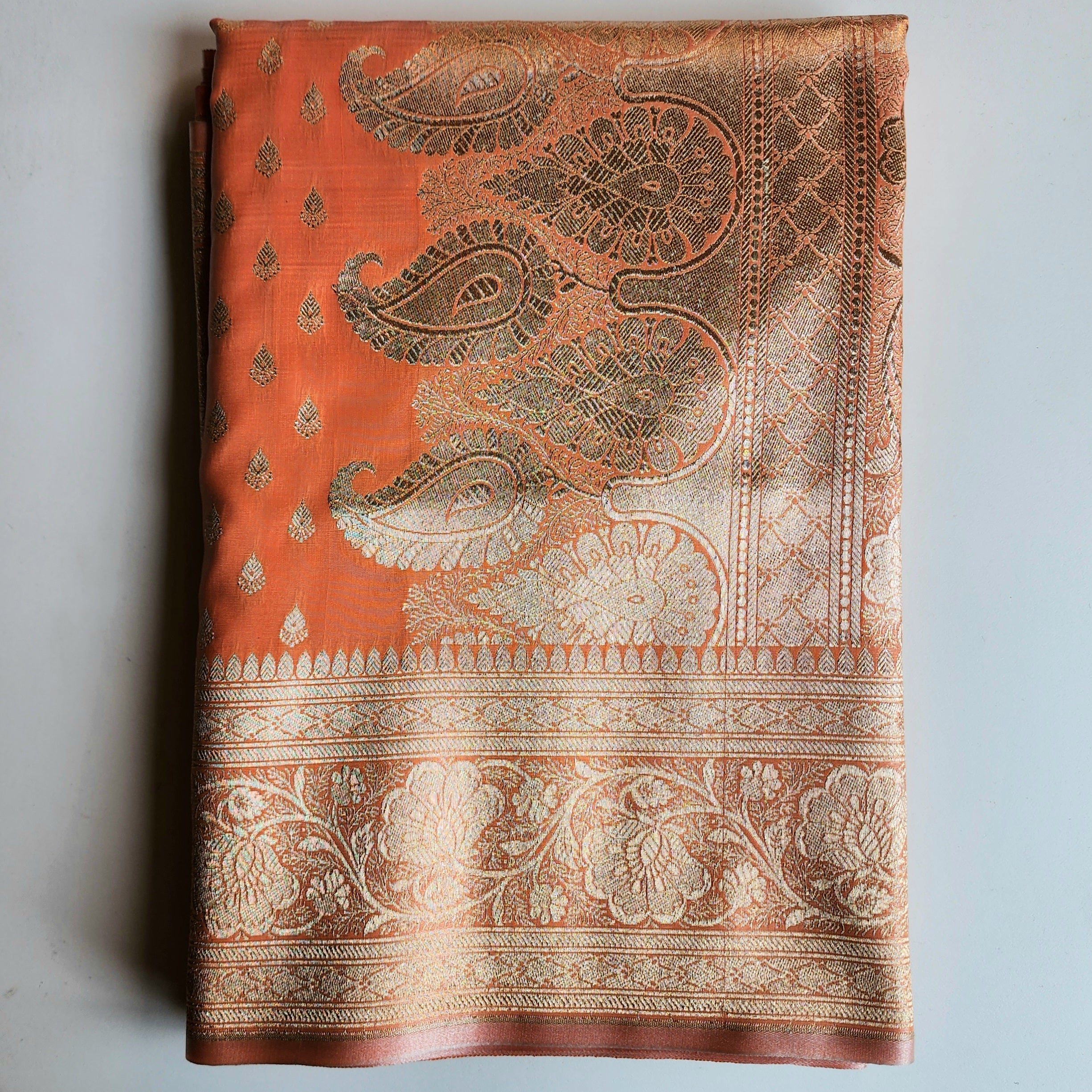 Rich Burnt Orange Banarasi Silk Saree with Gold Zari Weaving