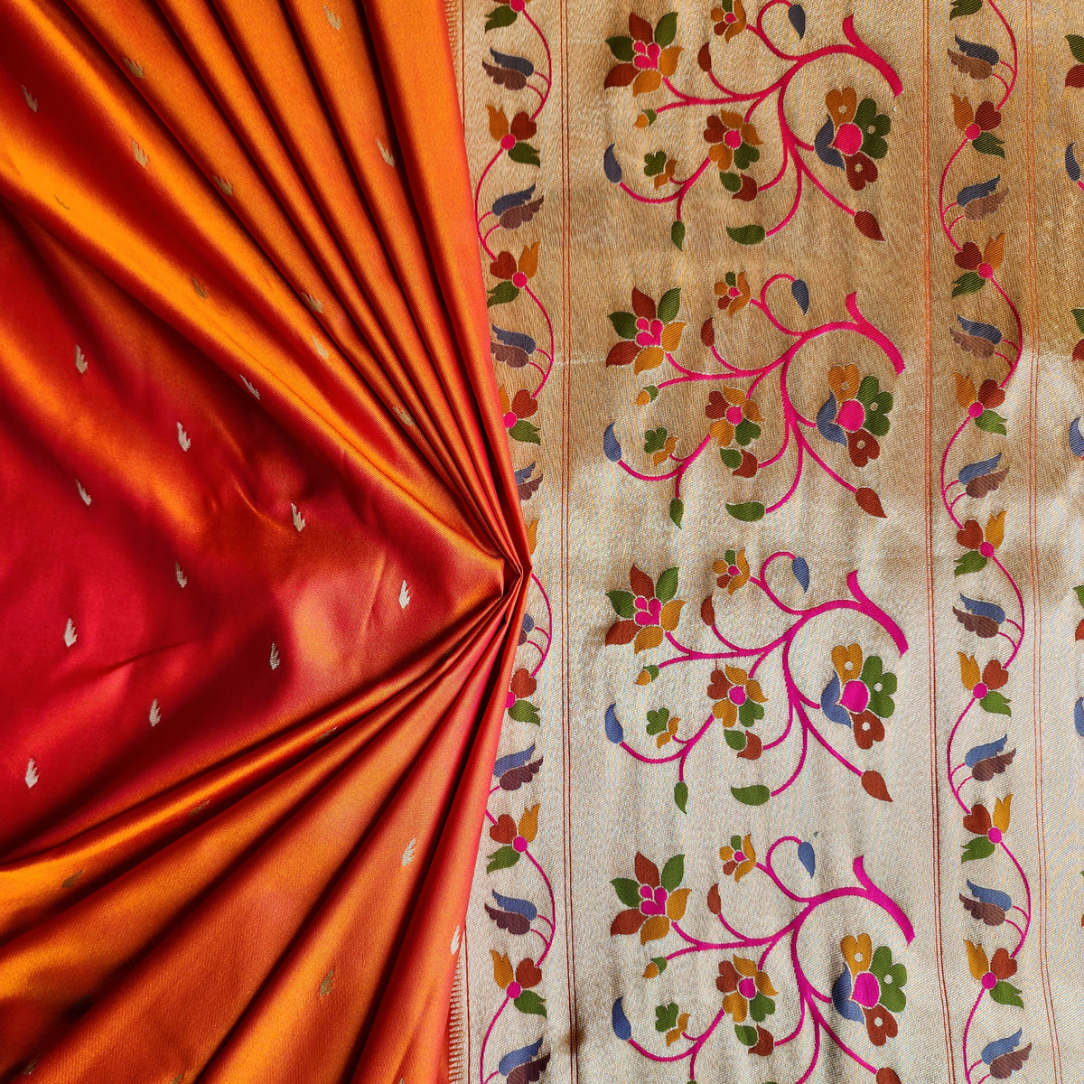 Raahi - Bright Orange Paithani Silk Saree with Stitched Blouse