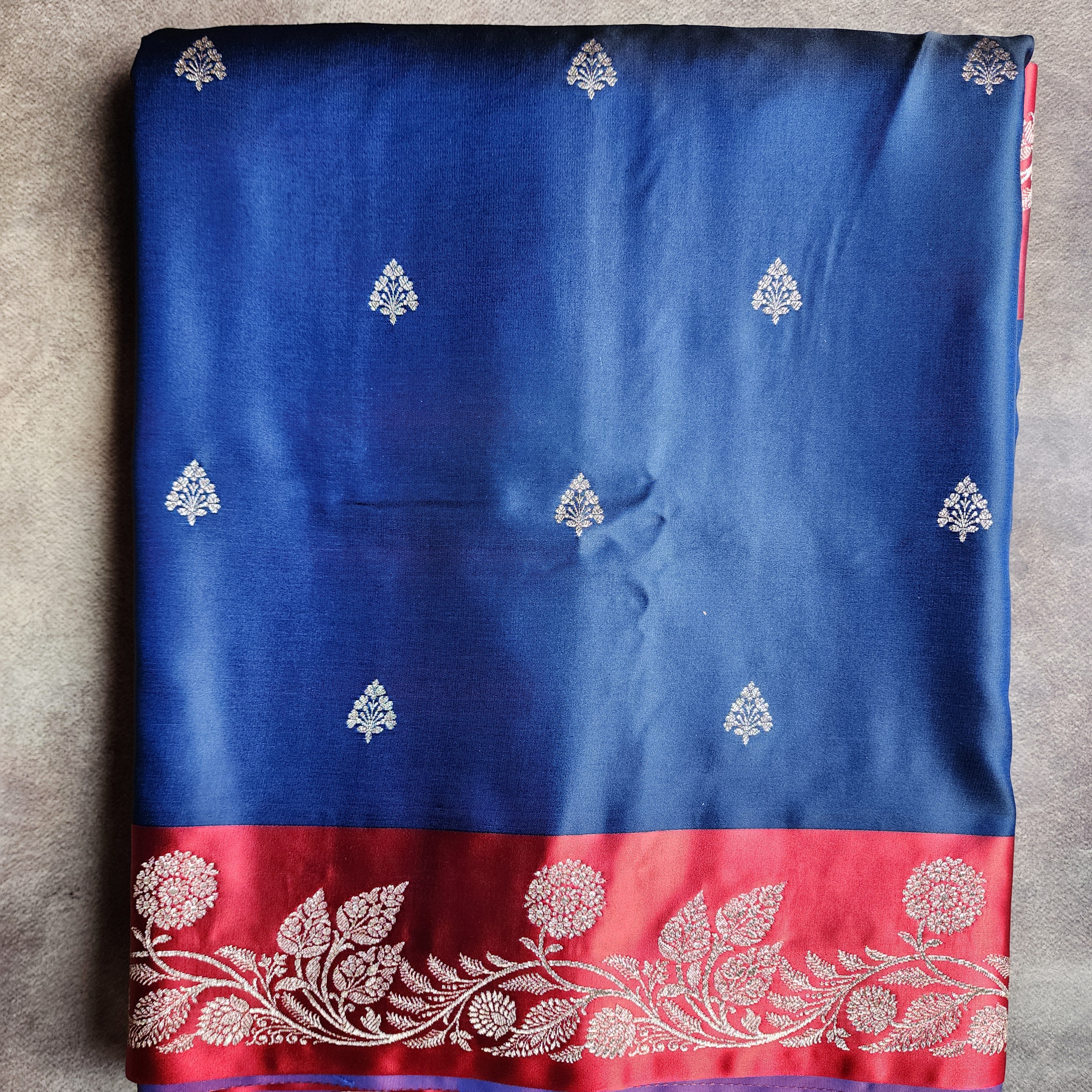 Navy Blue Pure Banarasi Katan Silk Saree with Vermilion Red Border