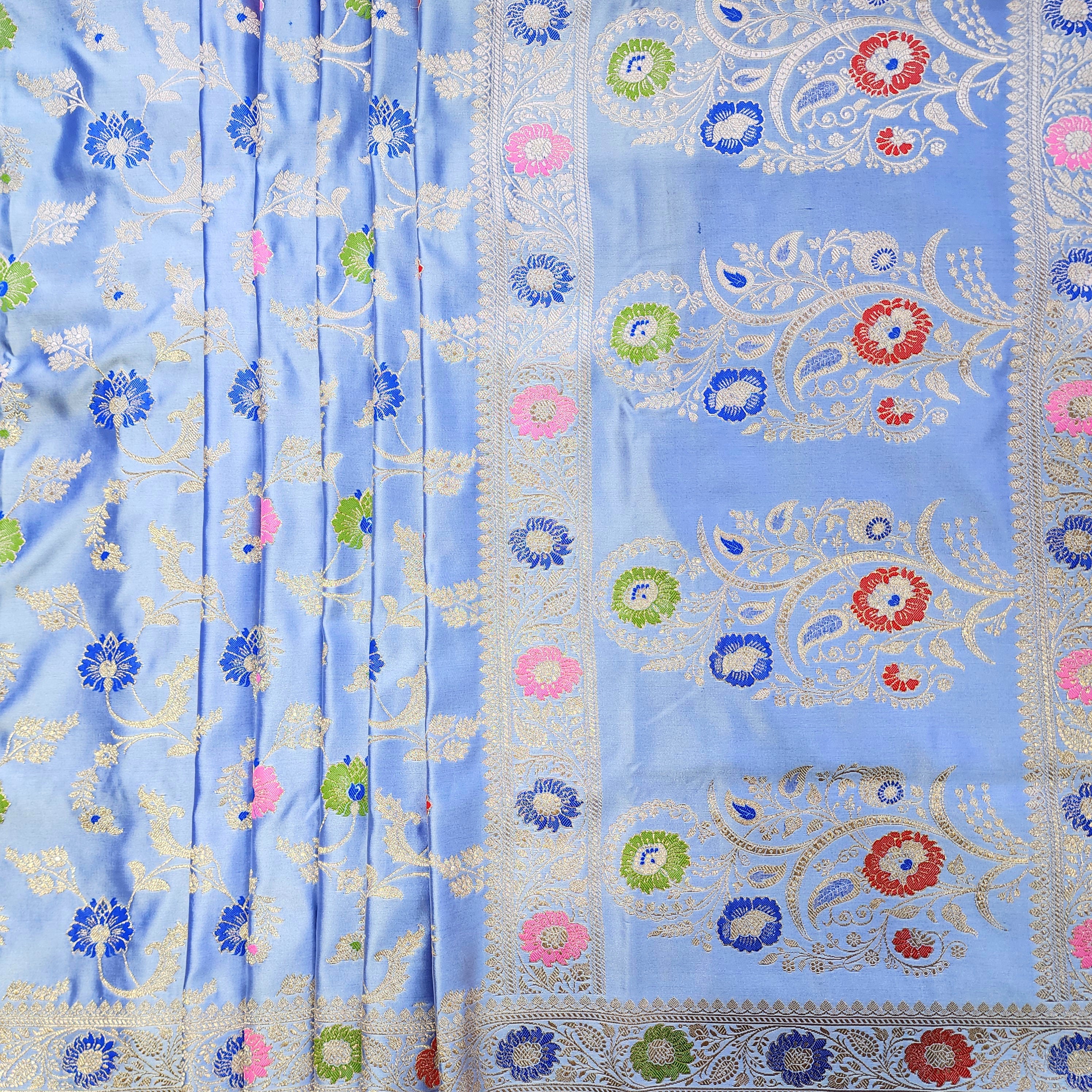 Enriched Banarasi Katan Silk Saree | Sky Blue Multicolor Meenakari Floral Jaal