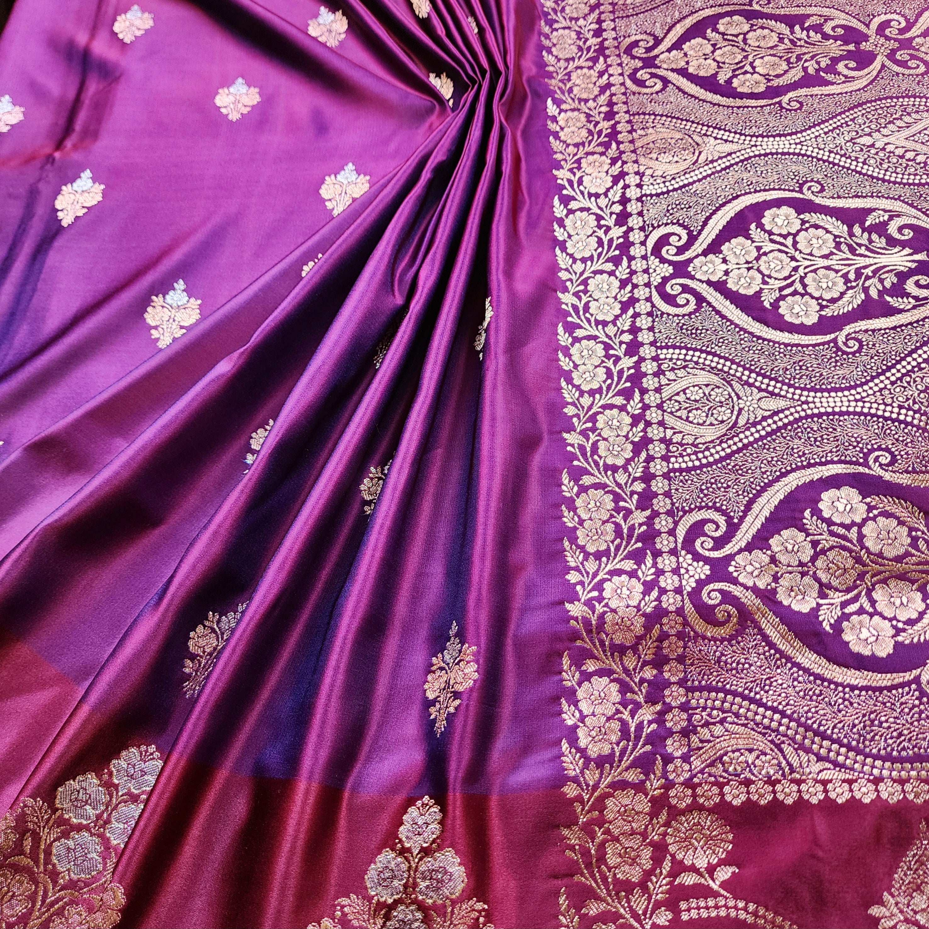 Royal Purple Pure Banarasi Katan Silk Saree with Magenta Border