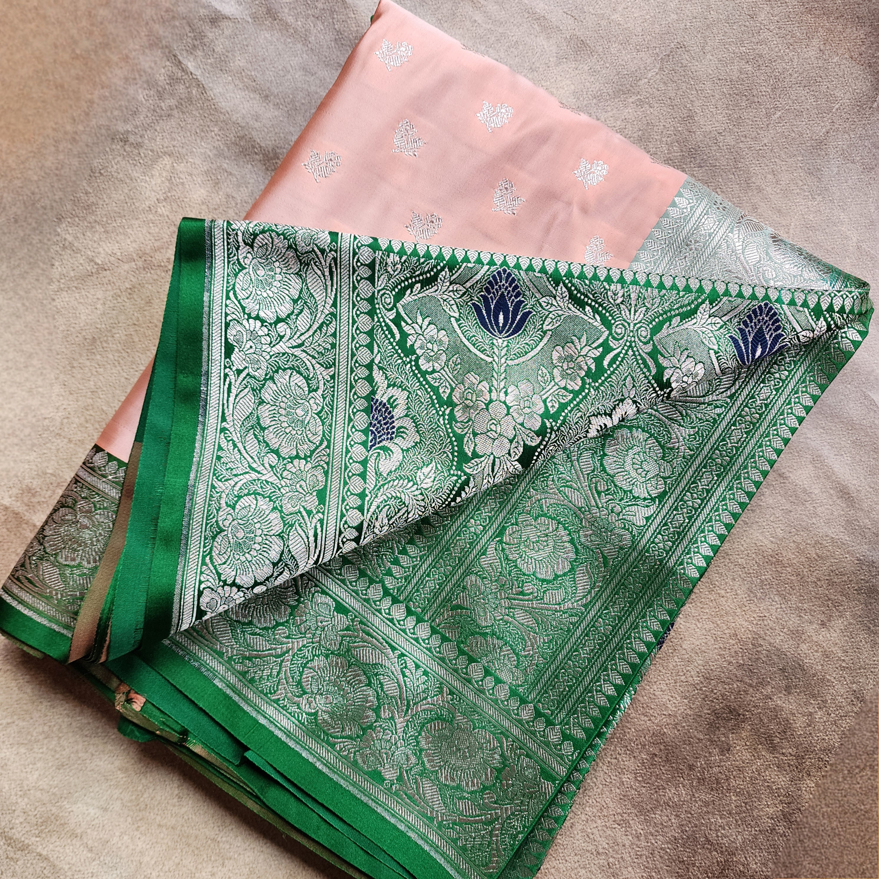 Peach Pure Banarasi Katan Silk Saree with light Gold Zari Weaving
