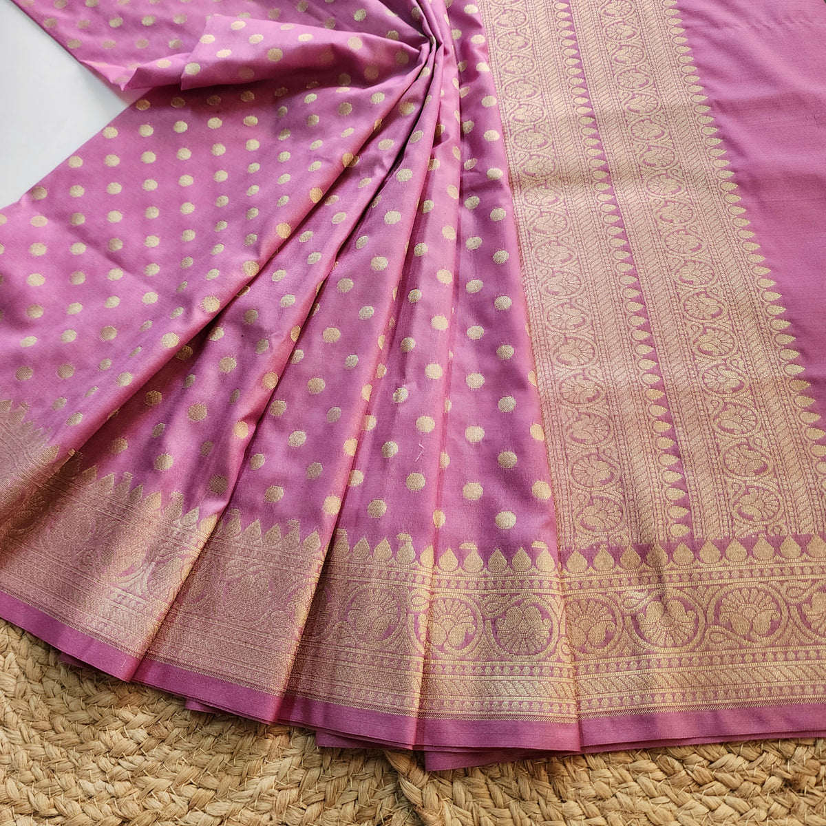 Mauve Pink Banarasi Silk Dupatta with Gold Polka Dot