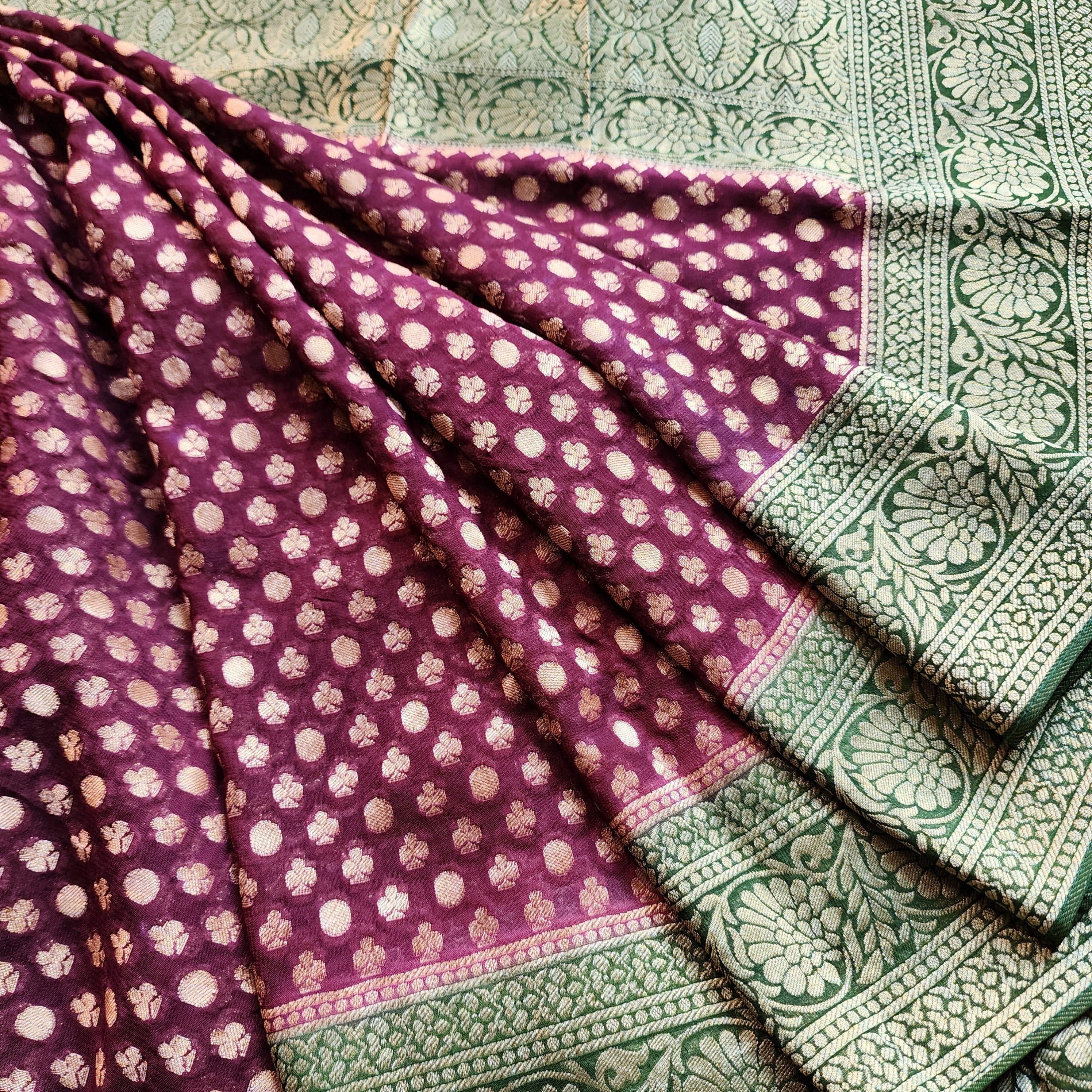 Purple Khaddi Georgette Pure Banarasi Saree with Green Border