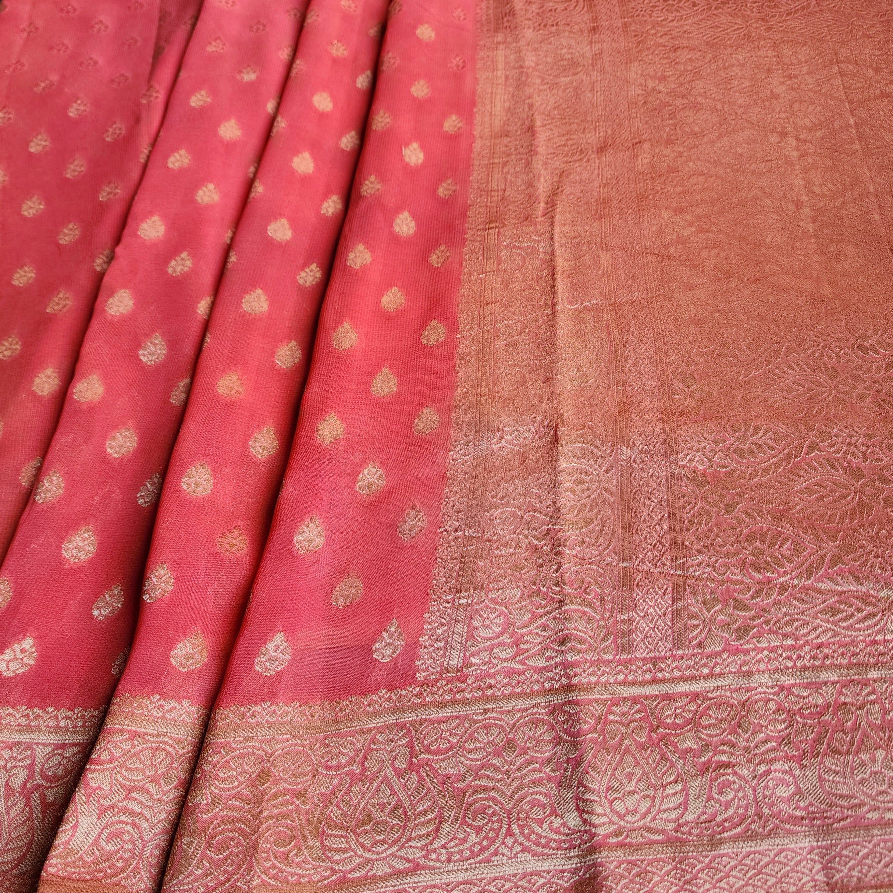 Peach Khaddi Georgette Pure Banarasi Saree with Golden Zari
