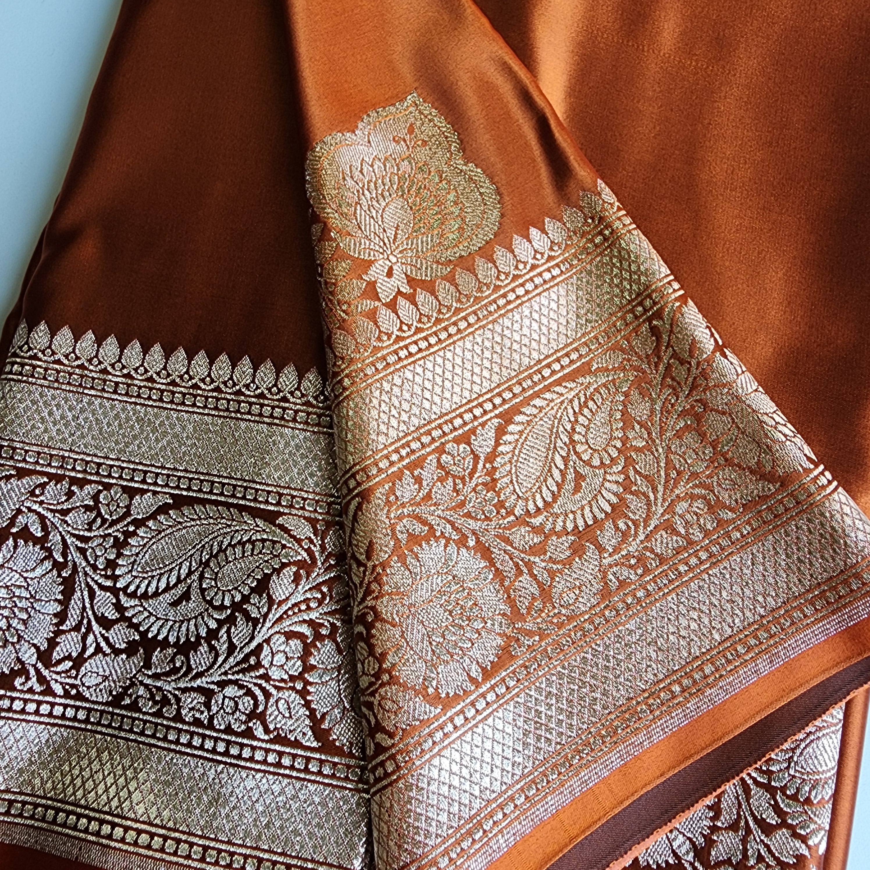 Rich Burnt Copper Pure Banarasi Katan Silk Saree with light Gold Zari Weaving
