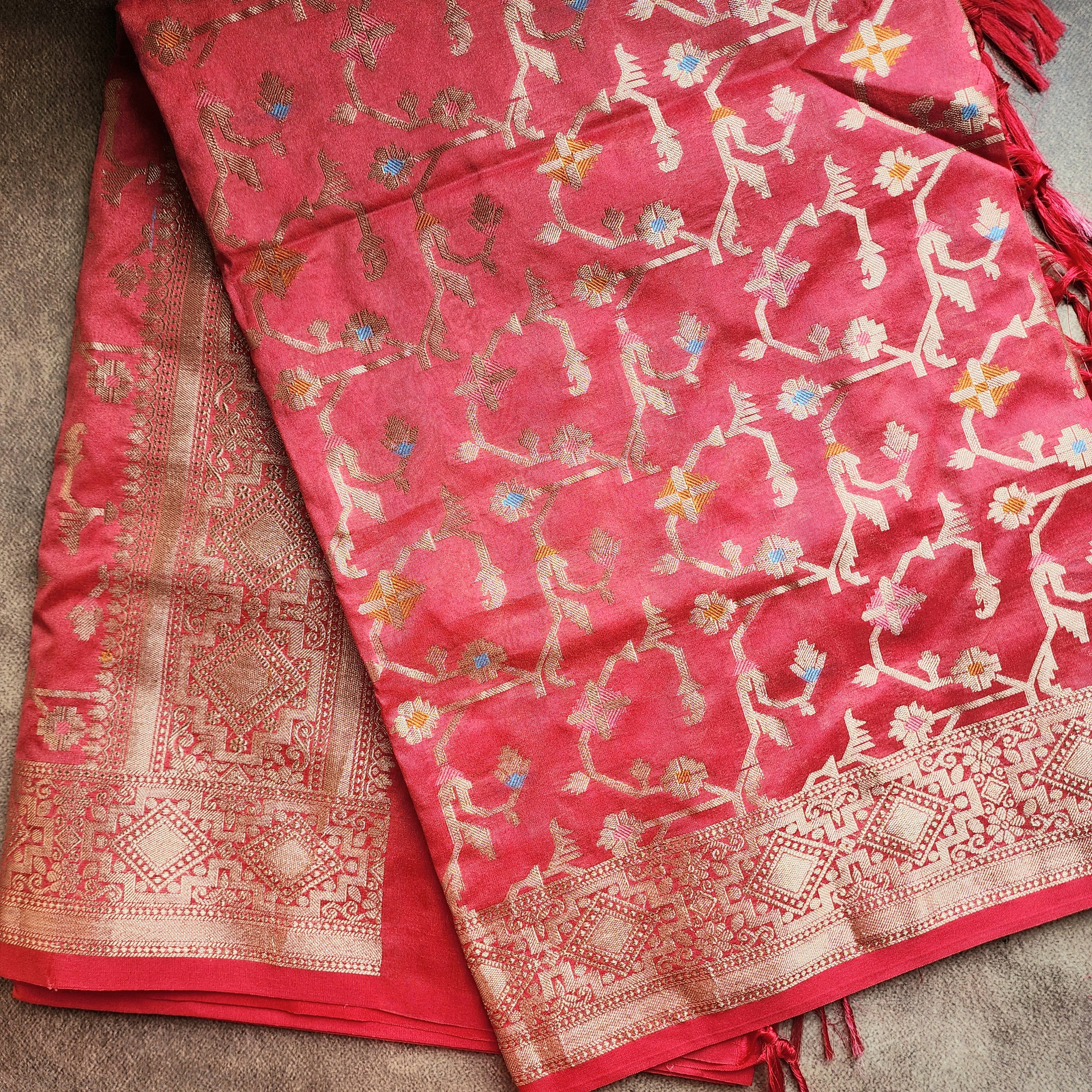 Golden Grid Banarasi Silk Dupatta with Meenakari Work in Brick Red