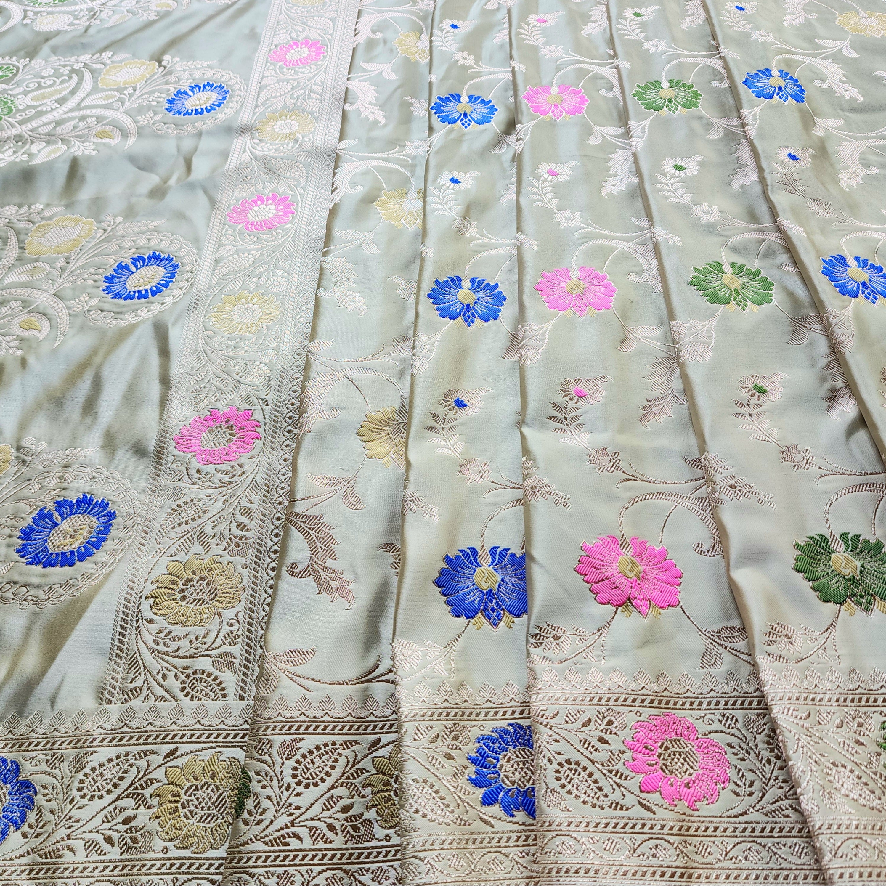 Enriched Banarasi Katan Silk Saree | Light Olive Green Multicolor Meenakari Floral Jaal