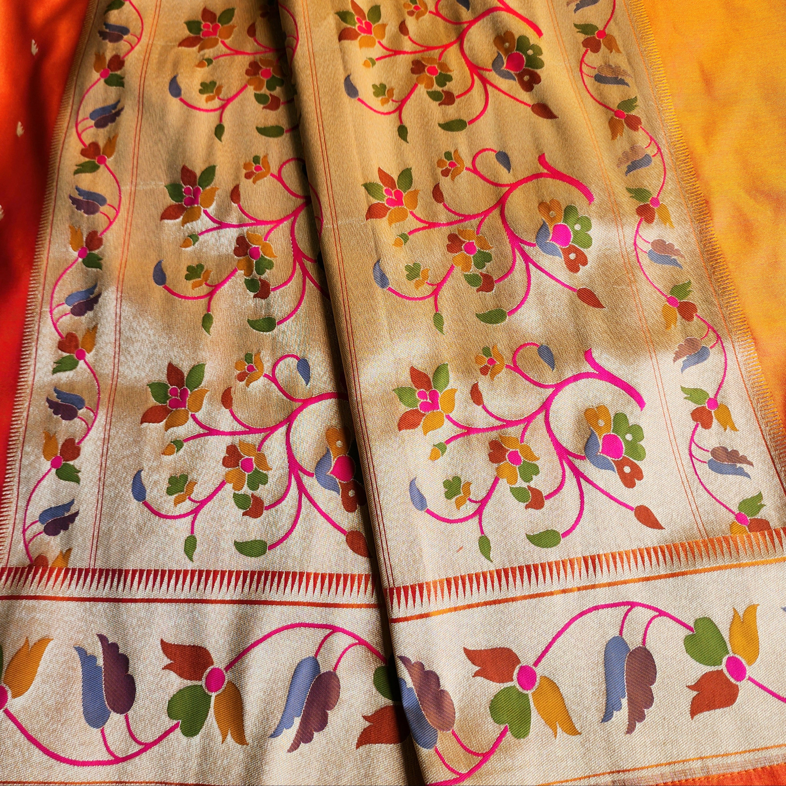 Raahi - Bright Orange Paithani Silk Saree with Stitched Blouse