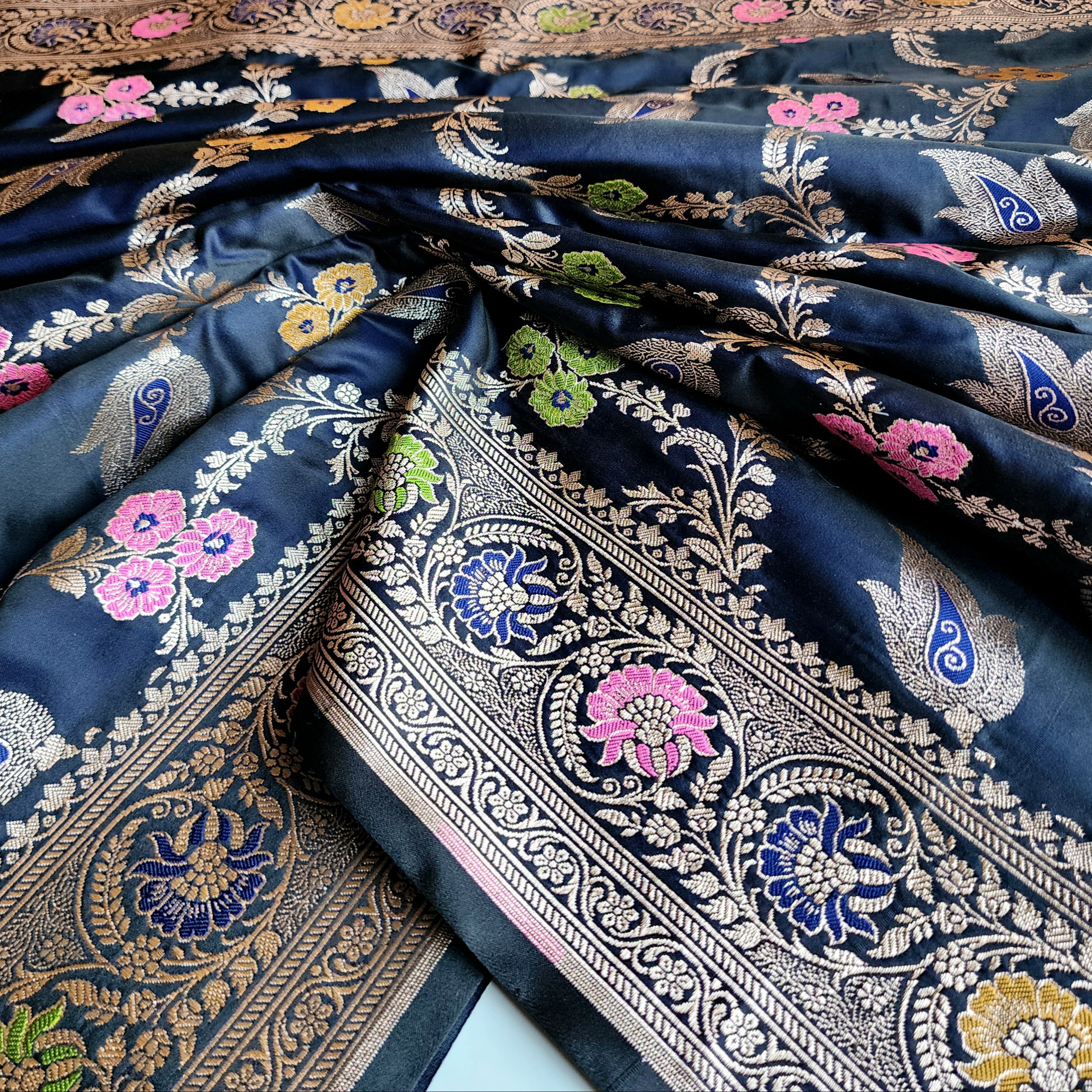 Enriched Midnight Blue Banarasi Katan Silk Saree with Multicolor Meenakari Floral Jaal