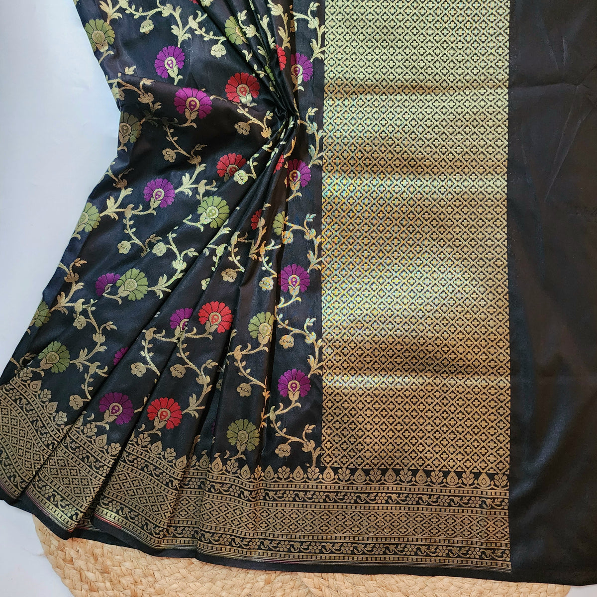 Banarasi Silk Floral Jaal Dupatta - Midnight