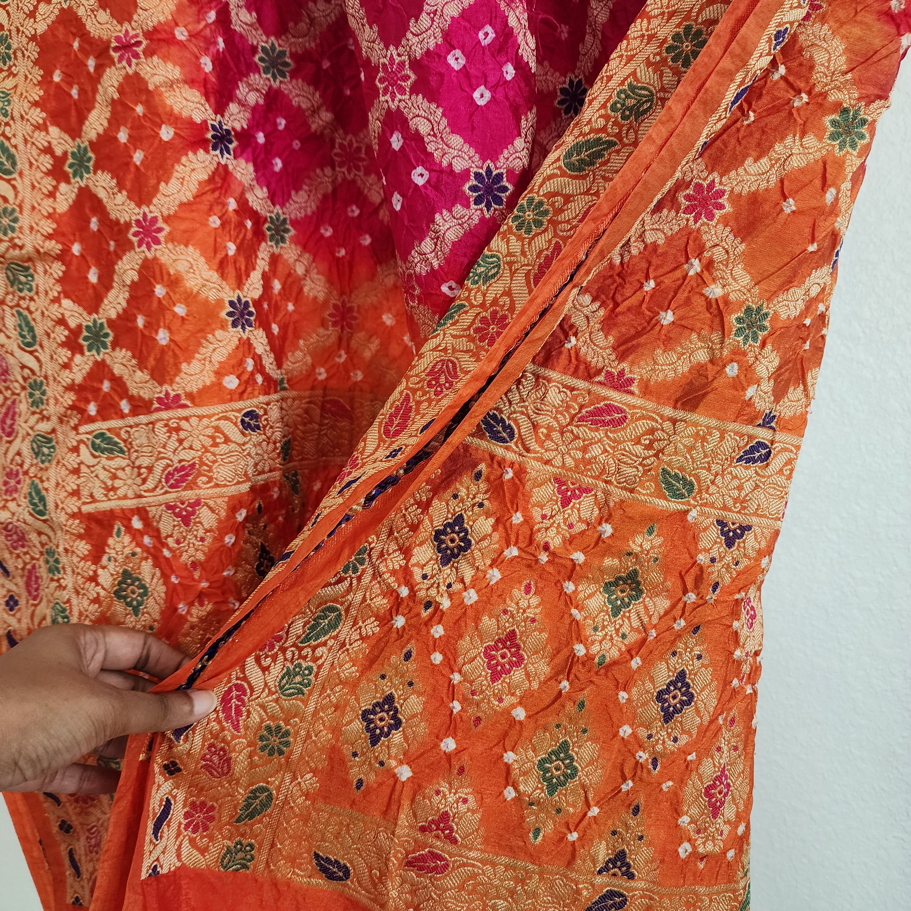 Orange & Rani Pink Bandhni dupatta with Banarasi Meenakari work