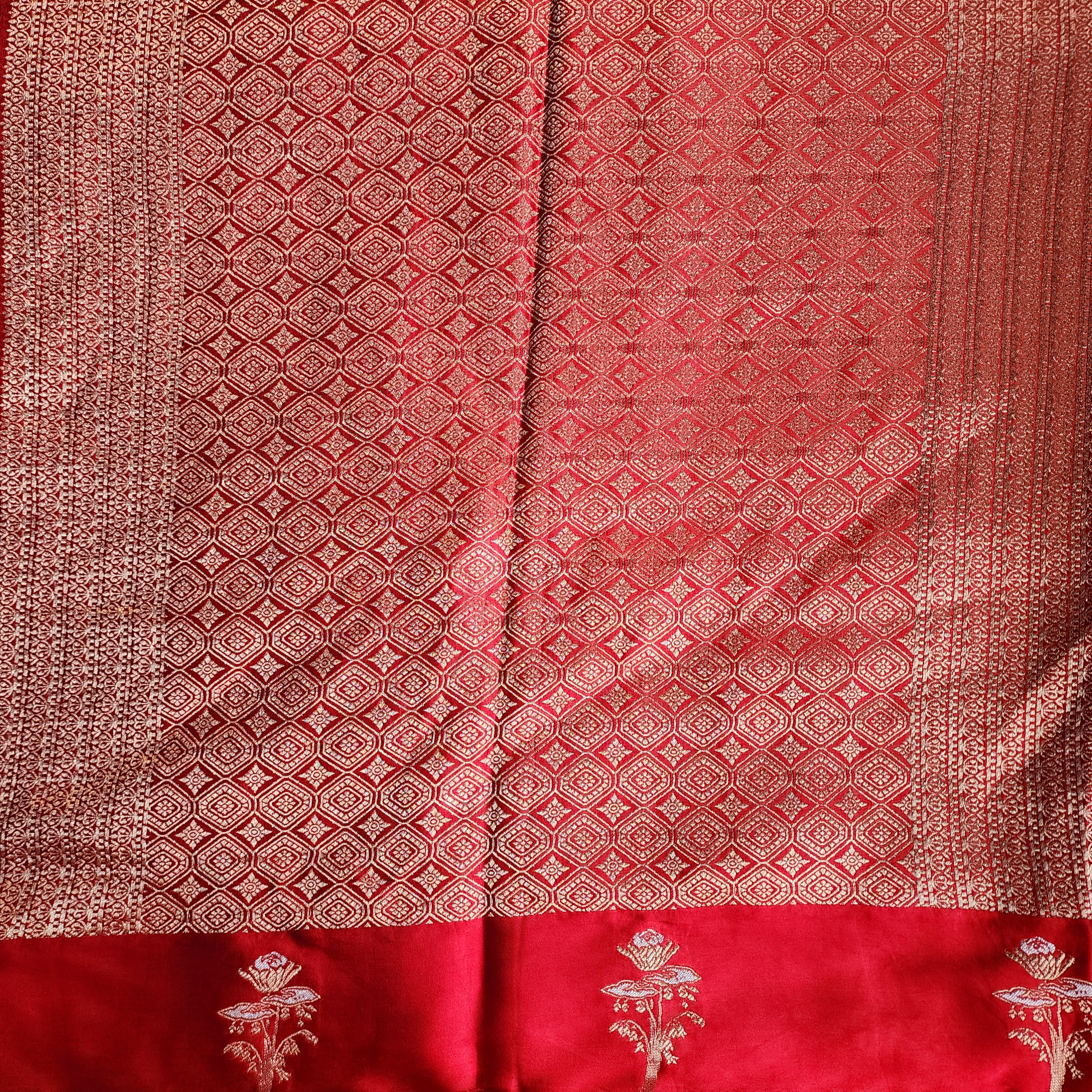 Crimson Red Mashru Tanchoi Saree with Gold Zari