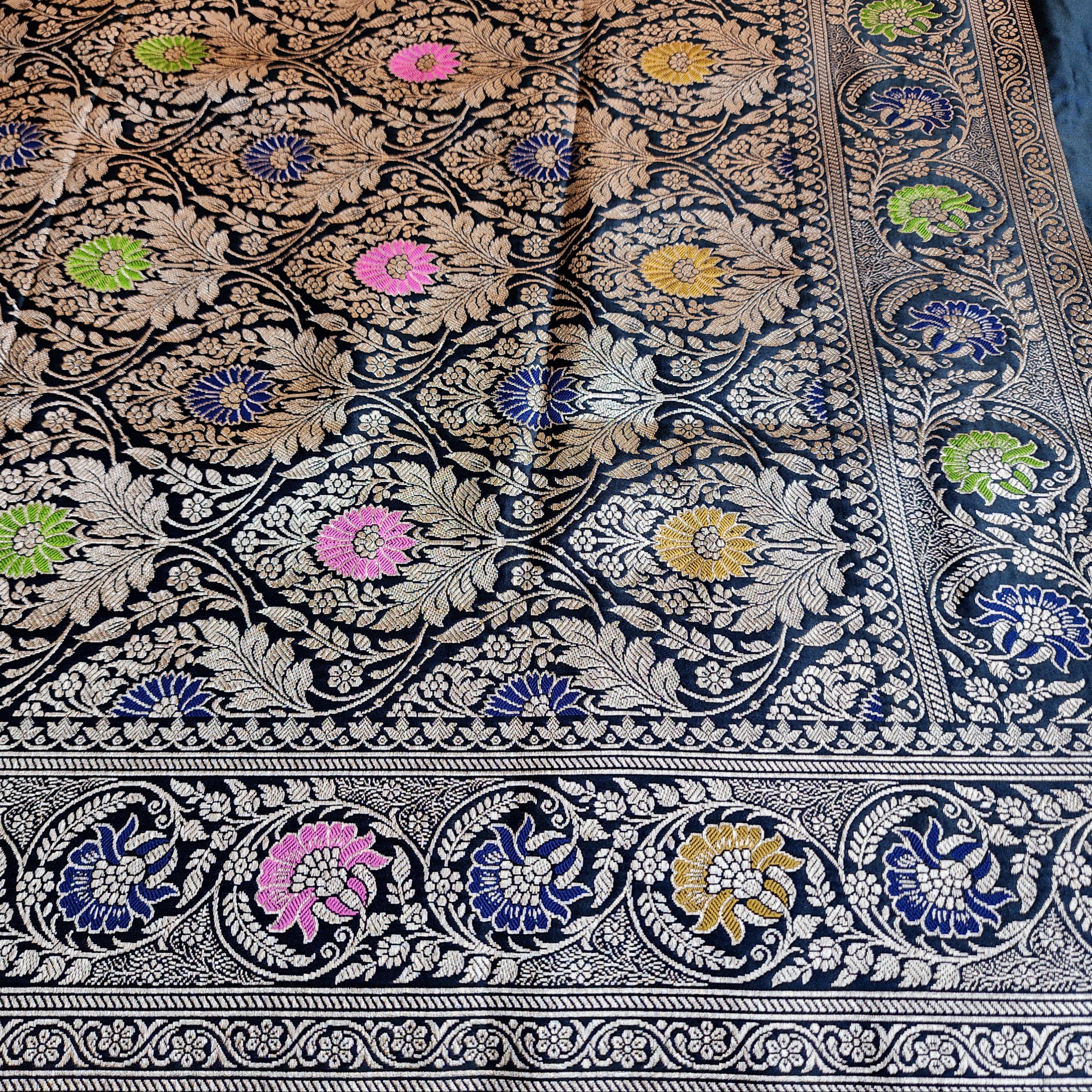 Enriched Midnight Blue Banarasi Katan Silk Saree with Multicolor Meenakari Floral Jaal