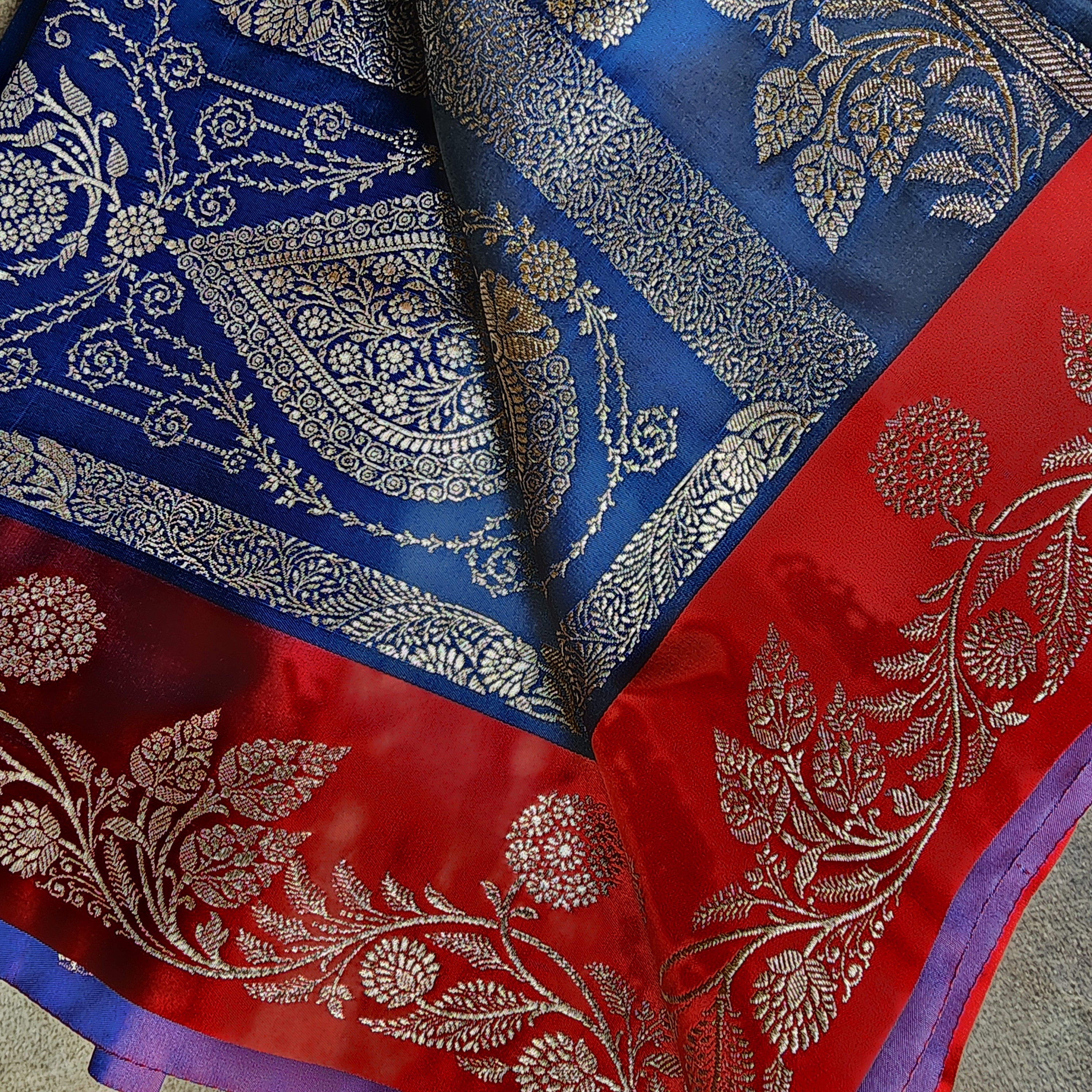 Navy Blue Pure Banarasi Katan Silk Saree with Vermilion Red Border