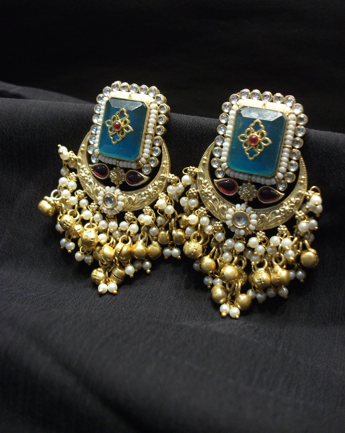 Antique Gold Kundan Style Teal Blue Earrings with Hanging Pearls