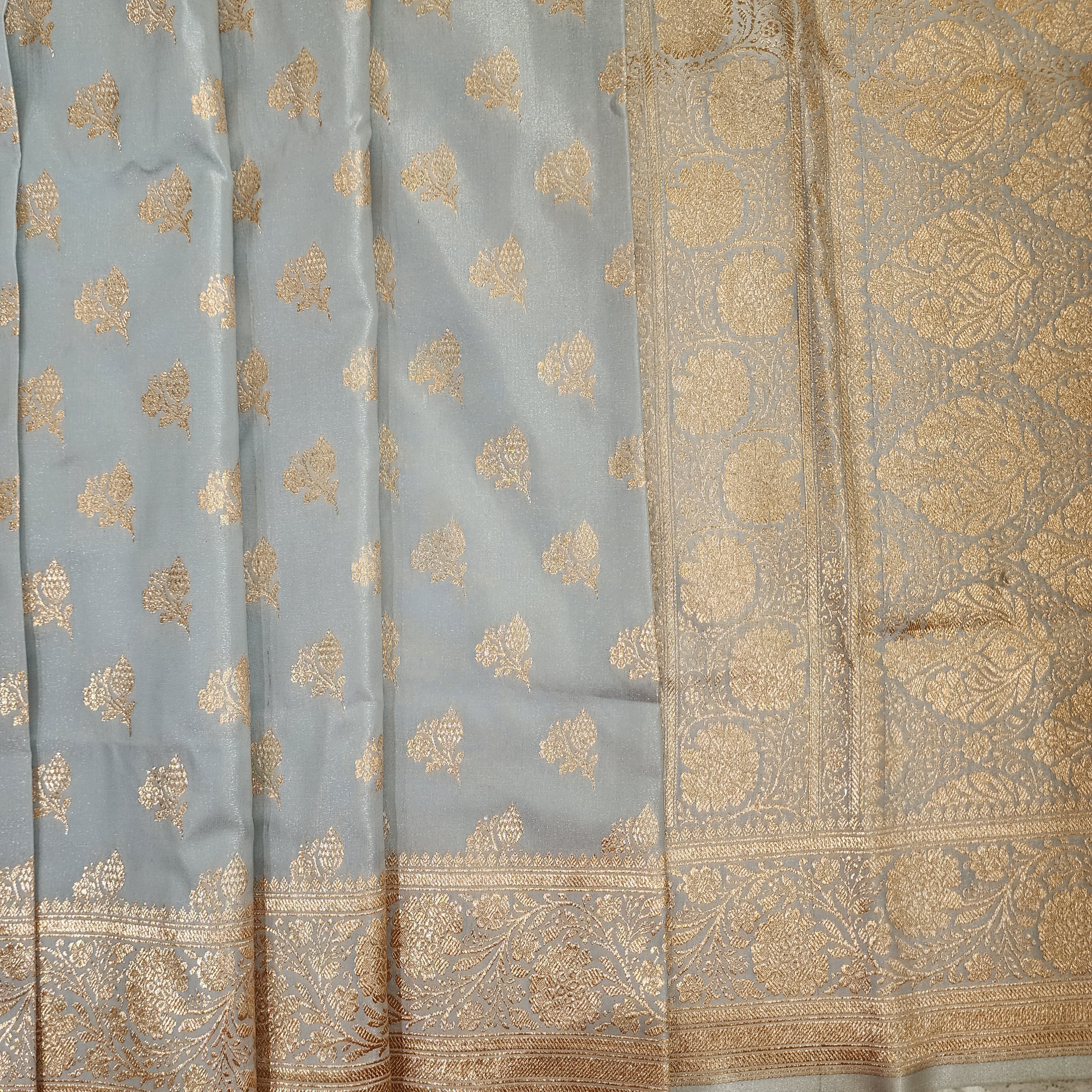 Rich Silver Grey Banarasi Silk Saree with Gold Zari Weaving