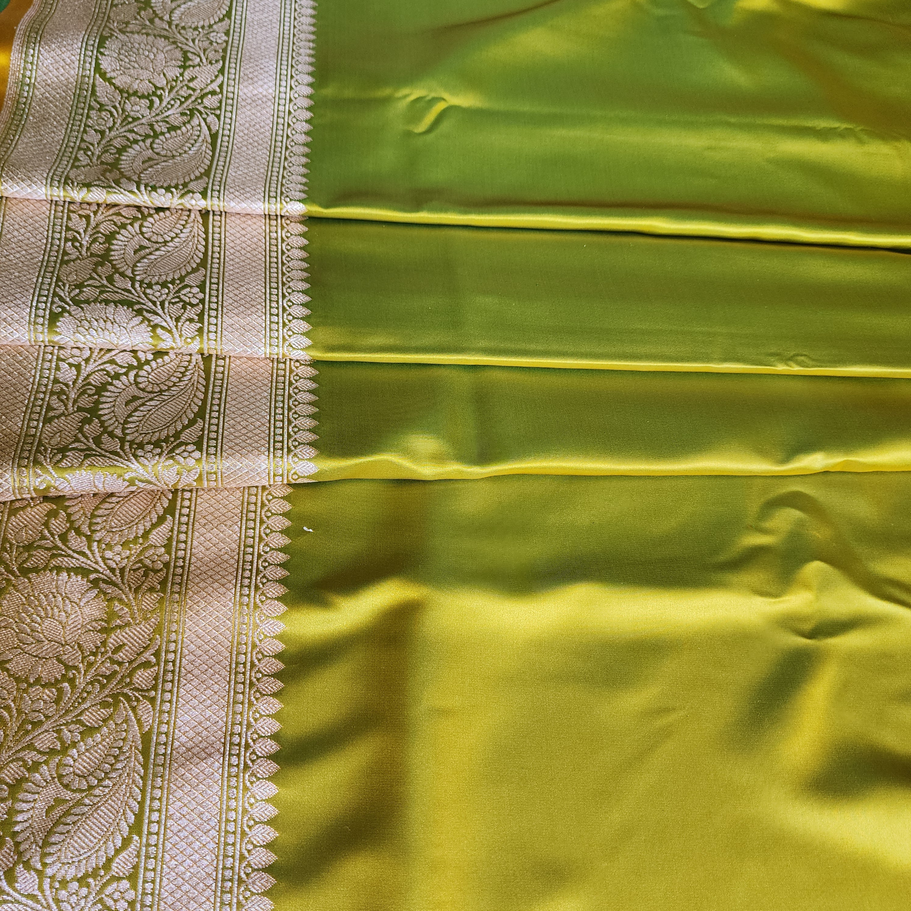 Olive Green Pure Banarasi Katan Silk Saree with light Gold Zari Weaving