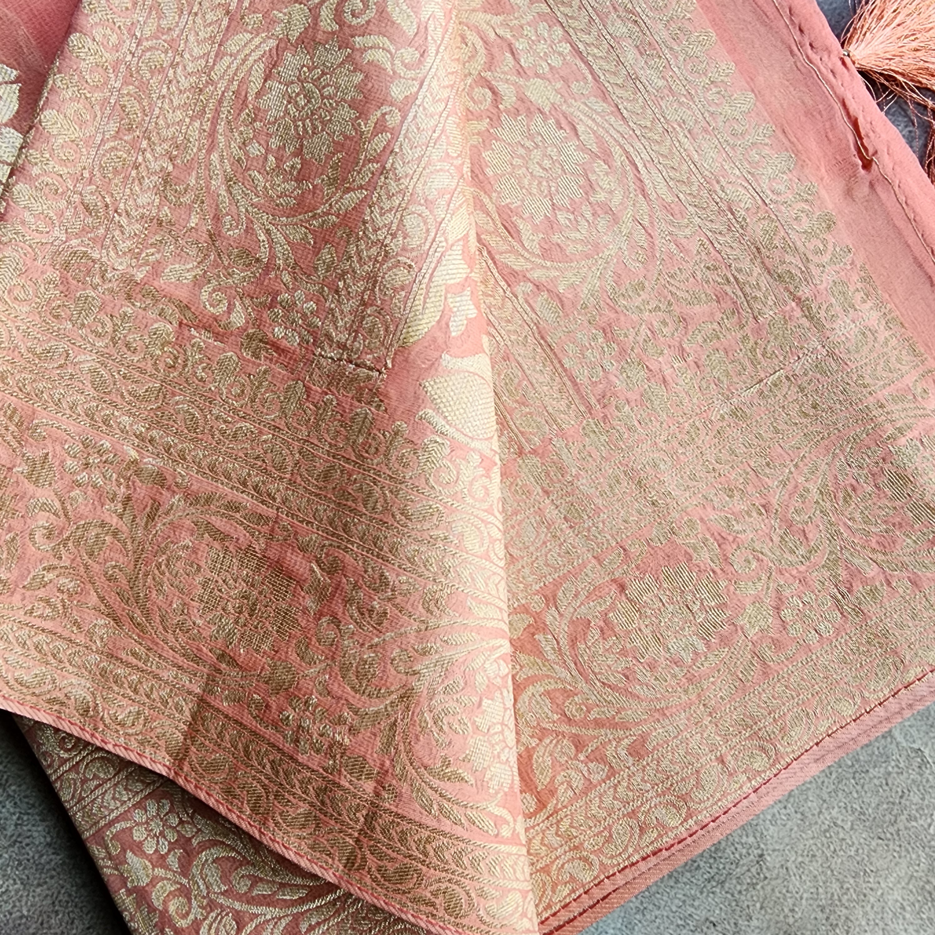 Khaddi Georgette Pure Banarasi Saree in Coral Shade