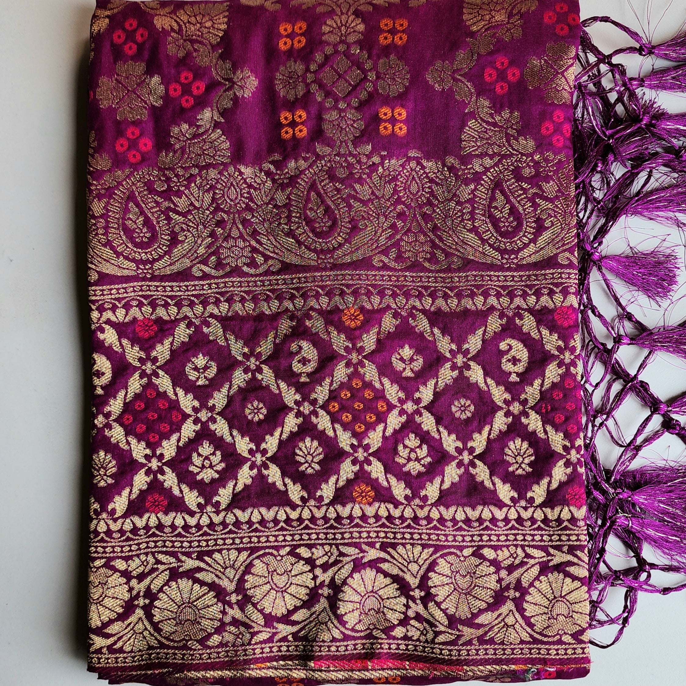 Berry Purple Bandhani Dupatta with Floral and Geometric Zari Weave