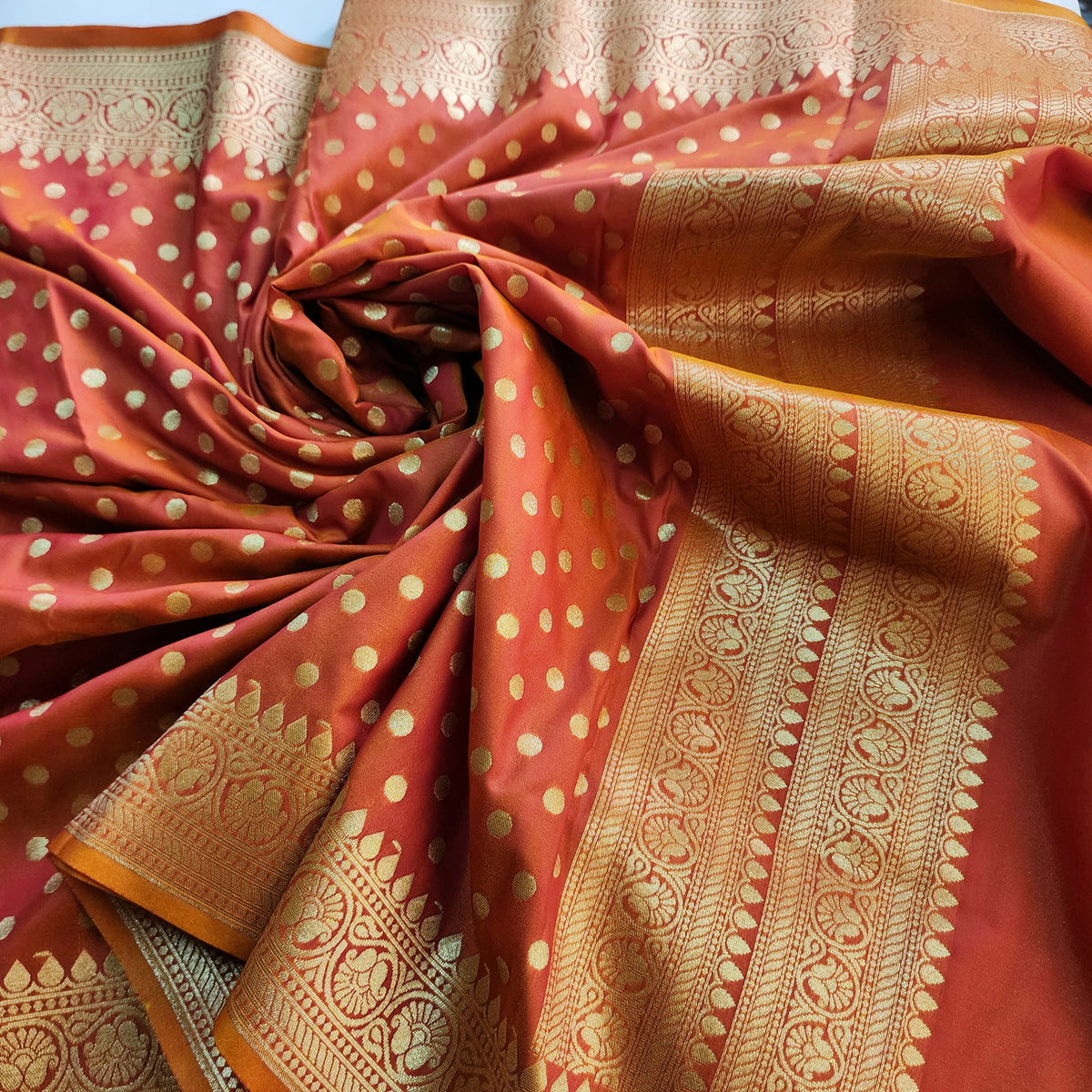 Peach Orange Banarasi Silk Dupatta with Gold Polka Dot