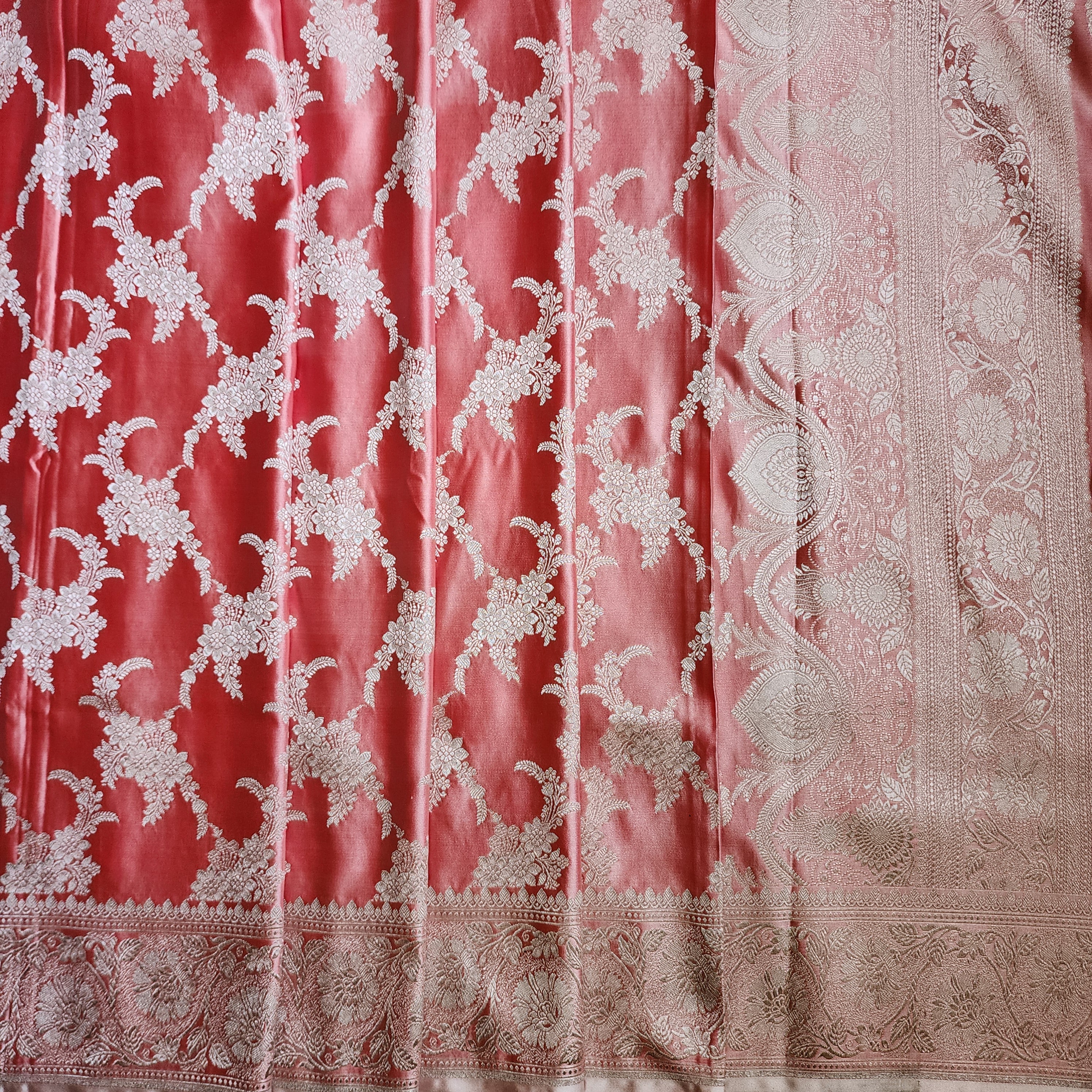 Blush Coral Banarasi Katan Silk Saree with Floral Vine Jaal