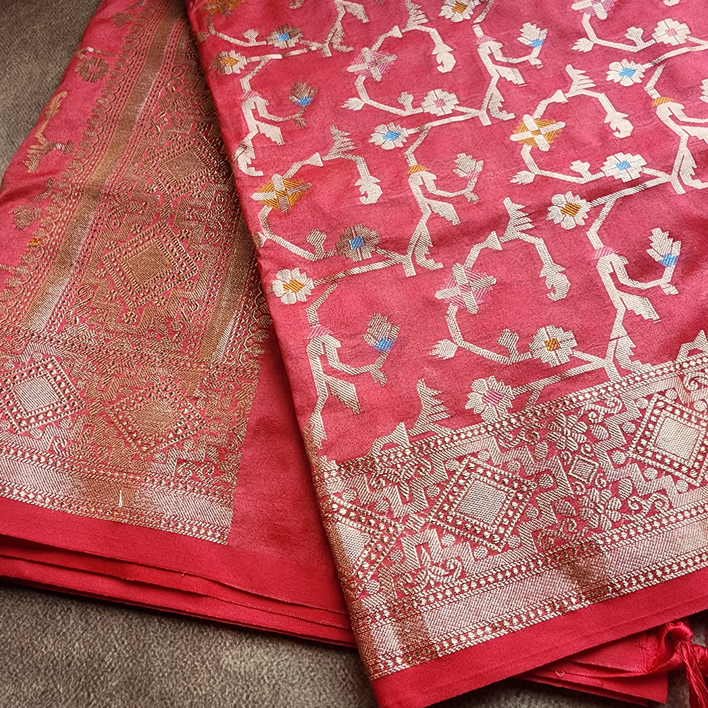 Golden Grid Banarasi Silk Dupatta with Meenakari Work in Brick Red