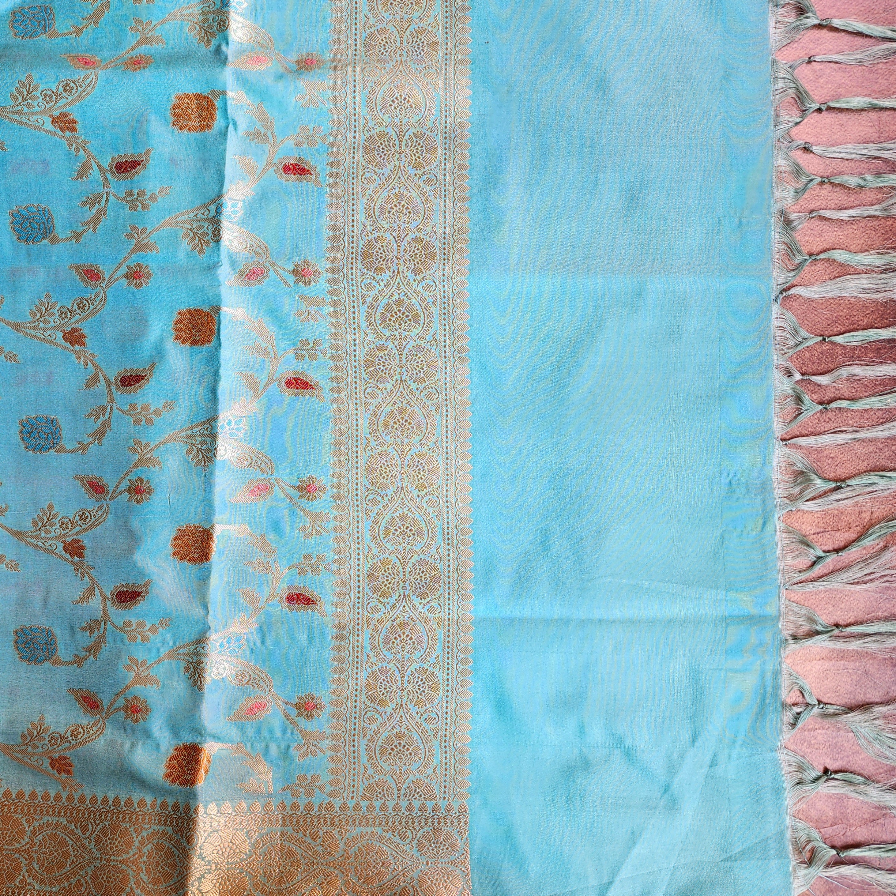 Pastel Sky Blue Banarasi Silk Dupatta with Gold Zari Border & Multicolor Meenakari Work