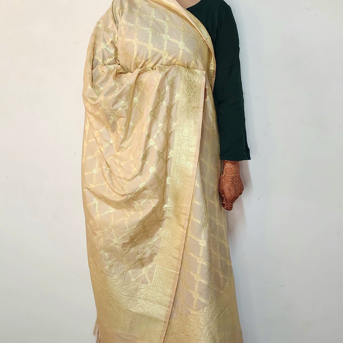 Banarasi Tapetta Silk - Champagne Zari Jaal Dupatta